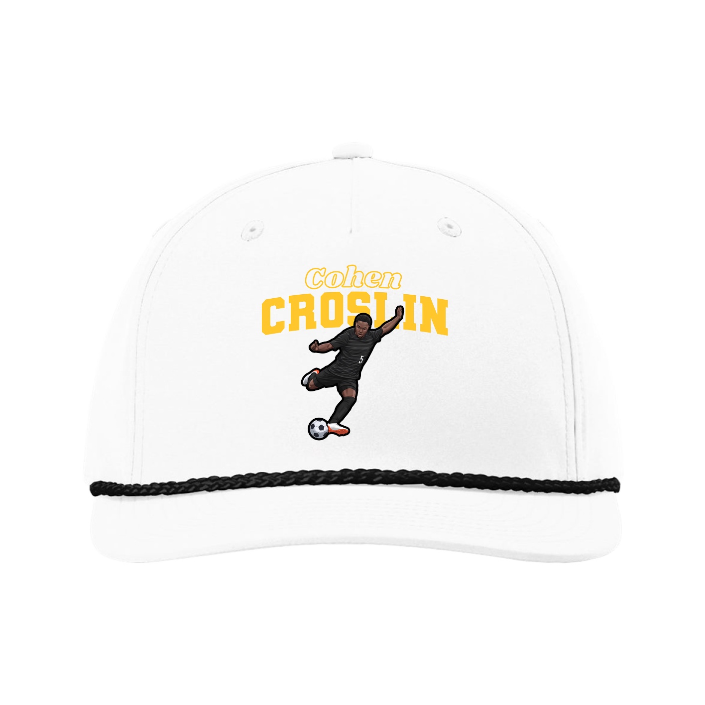 Five-Panel Classic Rope Cap — Name Arch in White