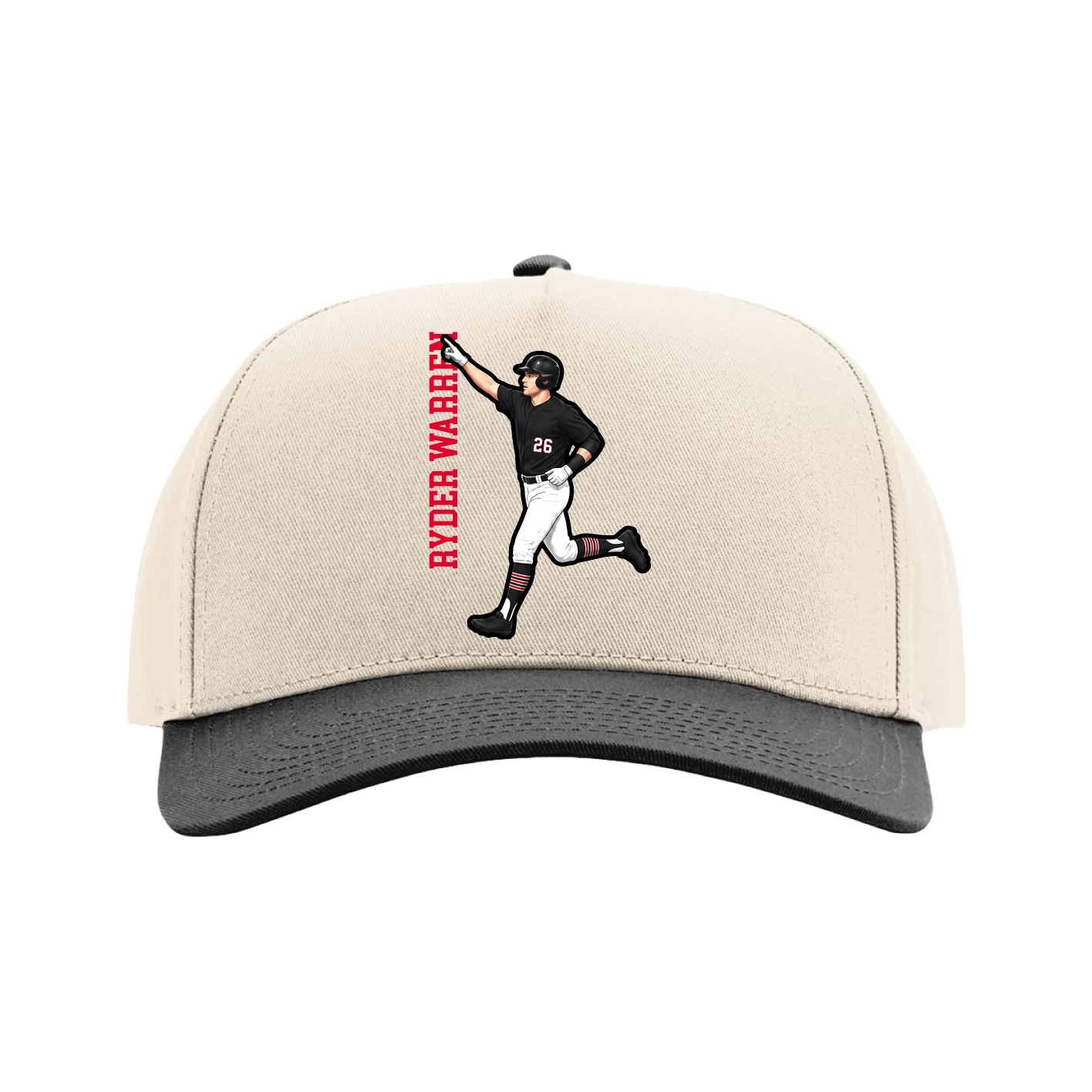 Full Fabric Five-Panel Champ Cap — Name Vertical in Cream/Black