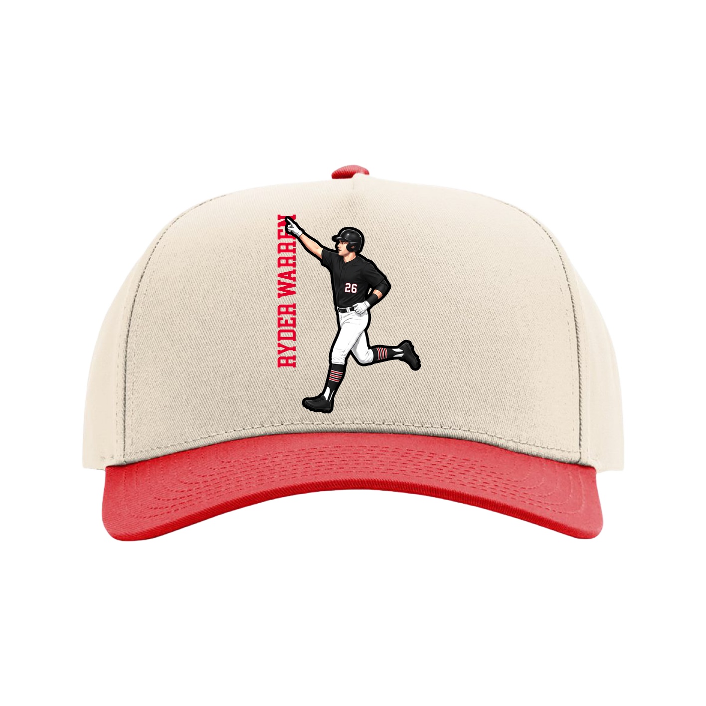 Full Fabric Five-Panel Champ Cap — Name Vertical in Cream/Red