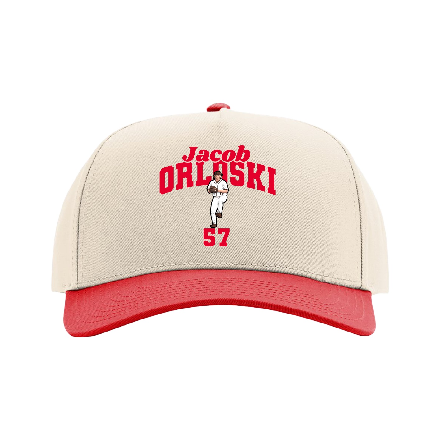 Full Fabric Five-Panel Champ Cap — Signature Arch in Cream/Red