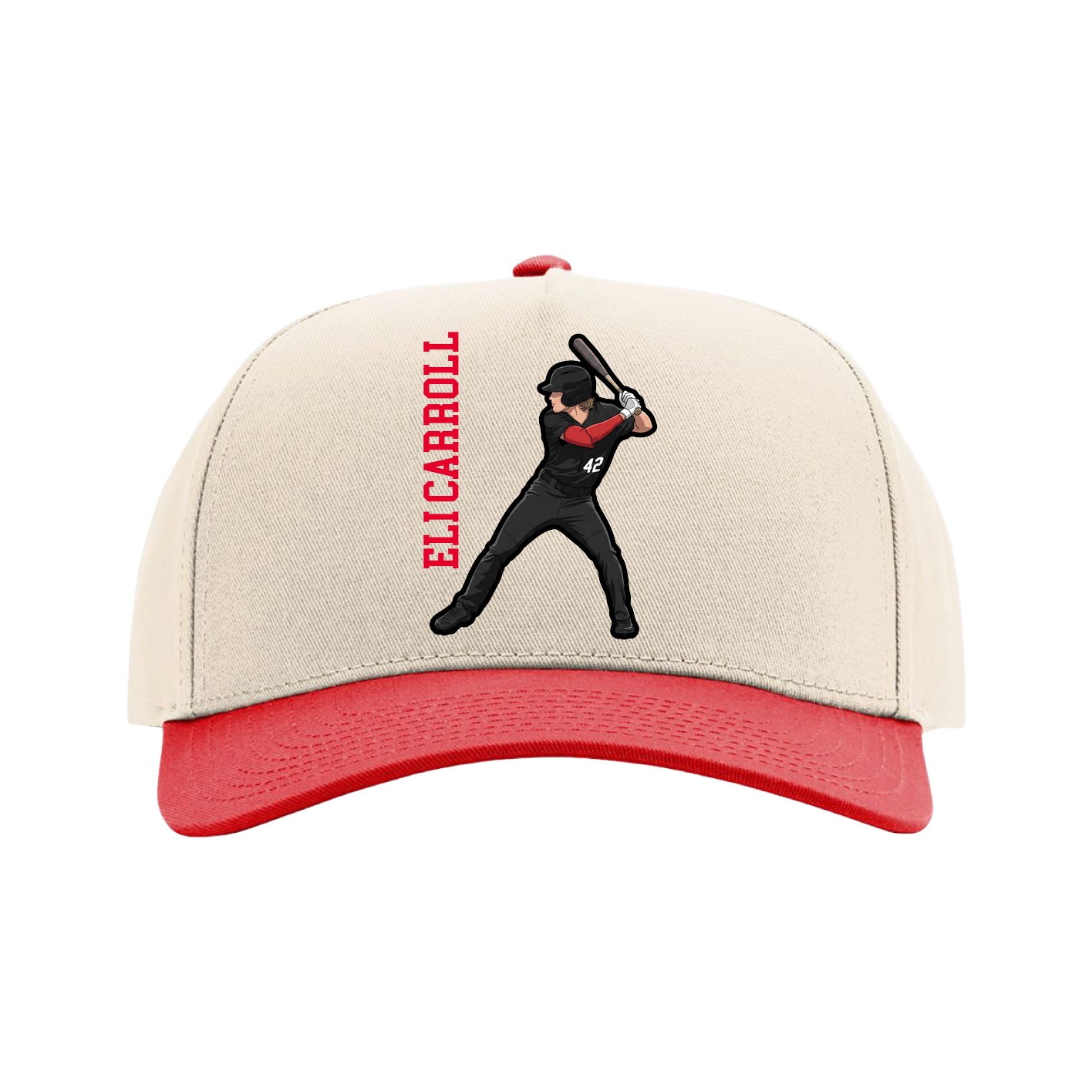 Full Fabric Five-Panel Champ Cap — Name Vertical in Cream/Red