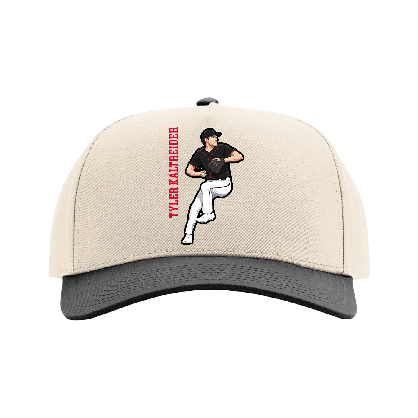 Full Fabric Five-Panel Champ Cap — Name Vertical in Cream/Black