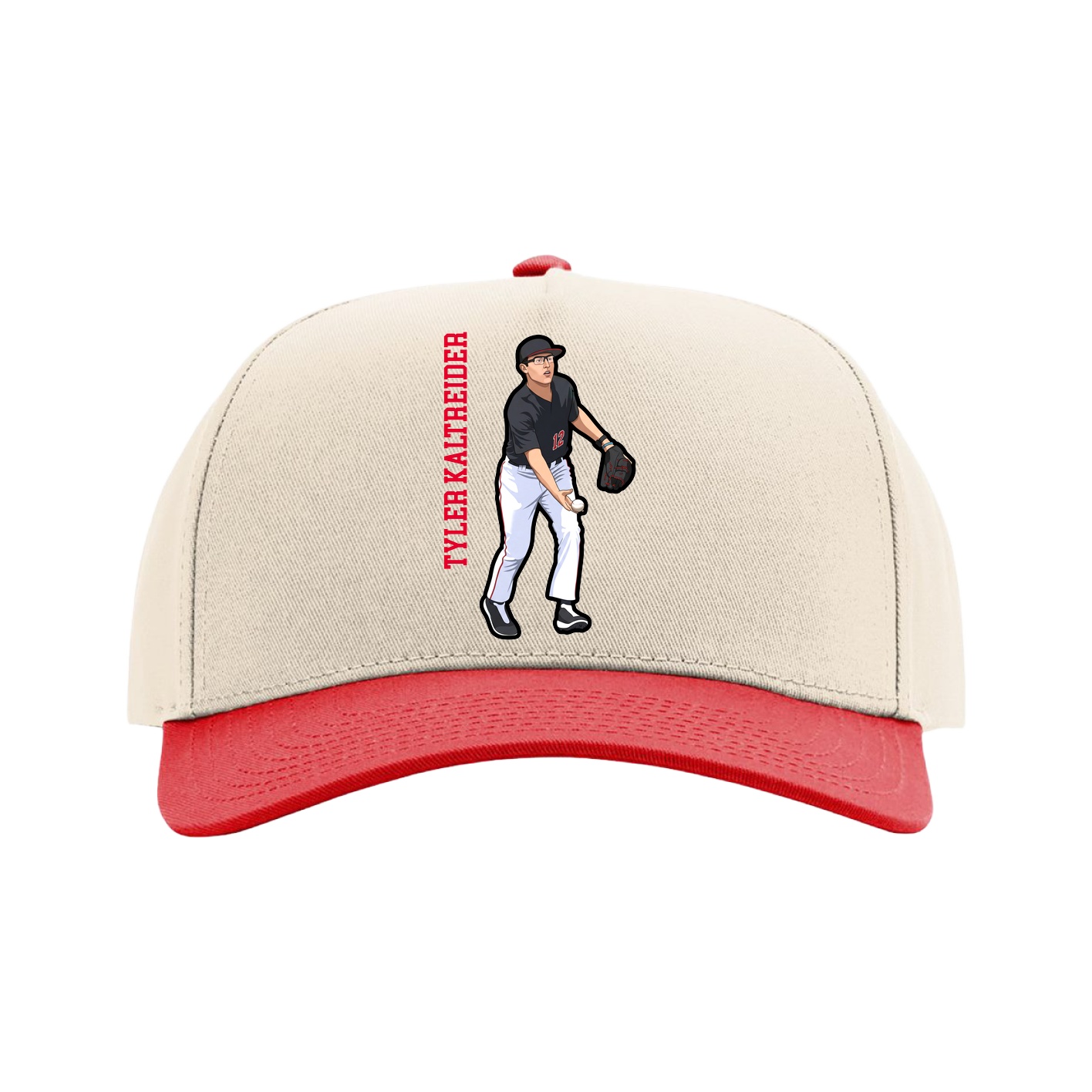 Full Fabric Five-Panel Champ Cap — Name Vertical in Cream/Red