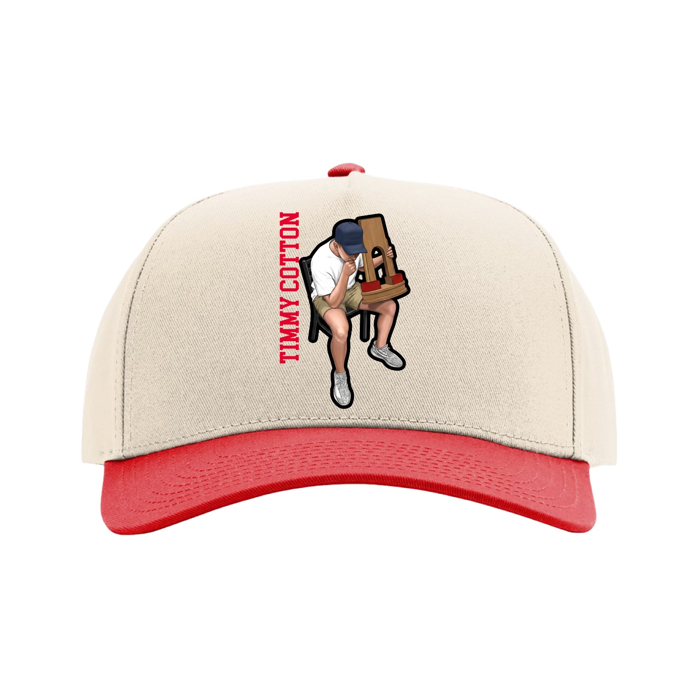 Full Fabric Five-Panel Champ Cap — Name Vertical in Cream/Red
