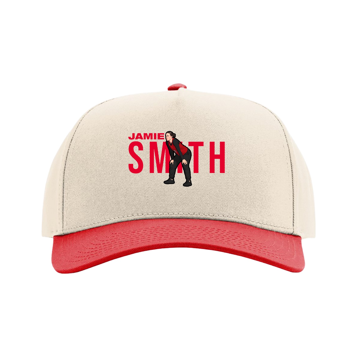 Full Fabric Five-Panel Champ Cap — Player Name in Cream/Red