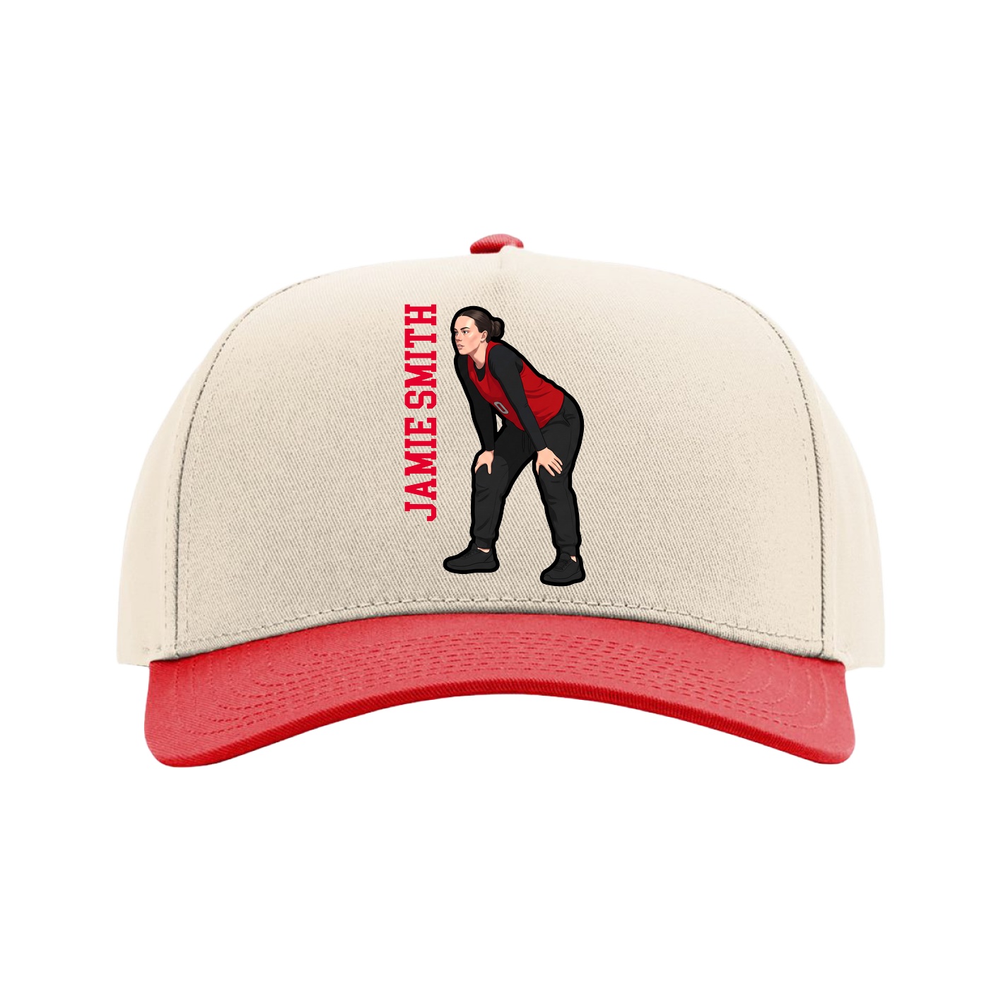 Full Fabric Five-Panel Champ Cap — Name Vertical in Cream/Red