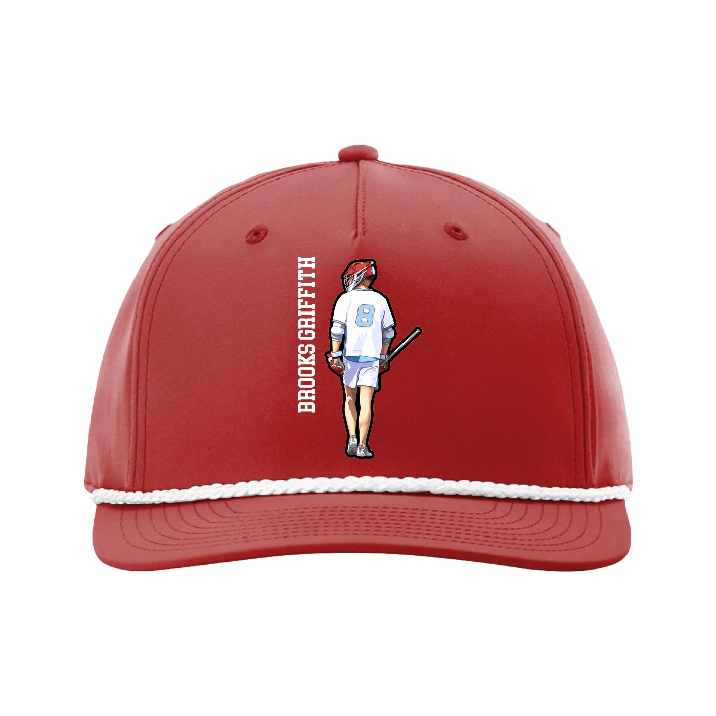 Five-Panel Classic Rope Cap — Name Vertical in Red
