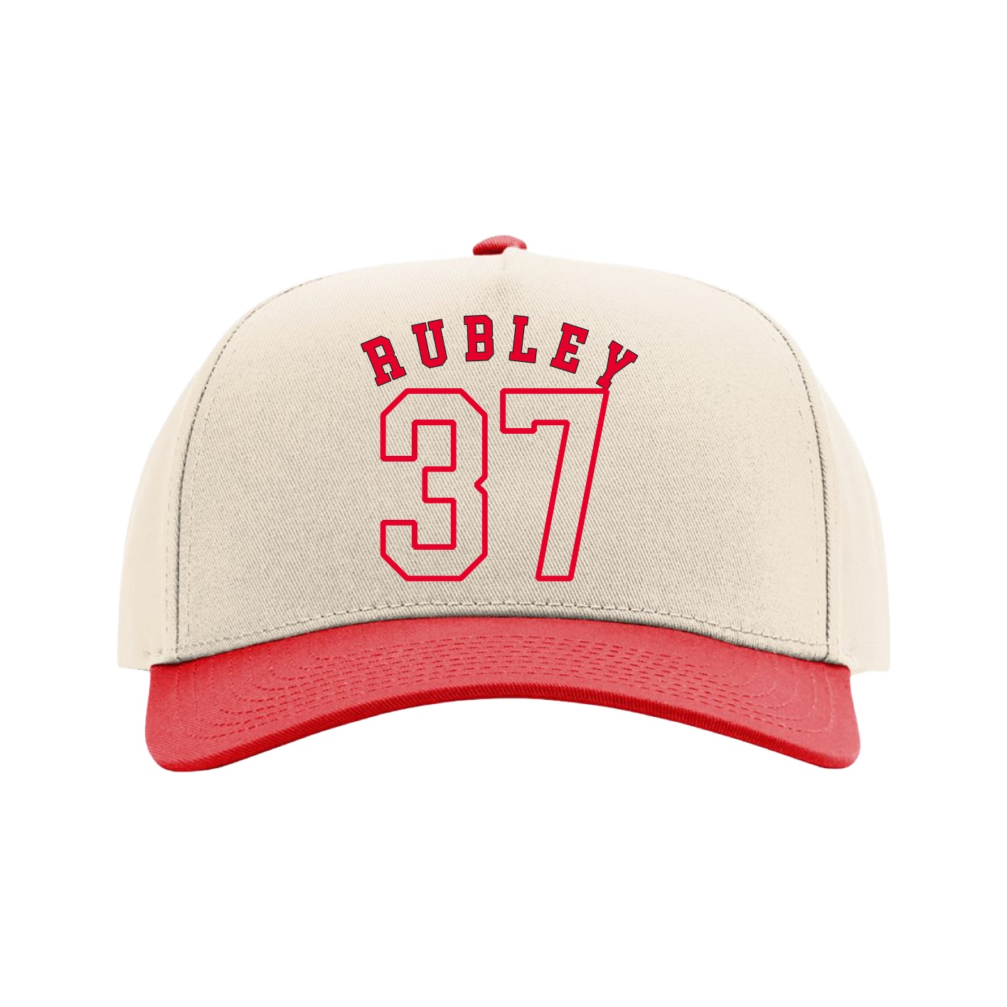 Full Fabric Five-Panel Champ Cap — Shirsey Arch in Cream/Red
