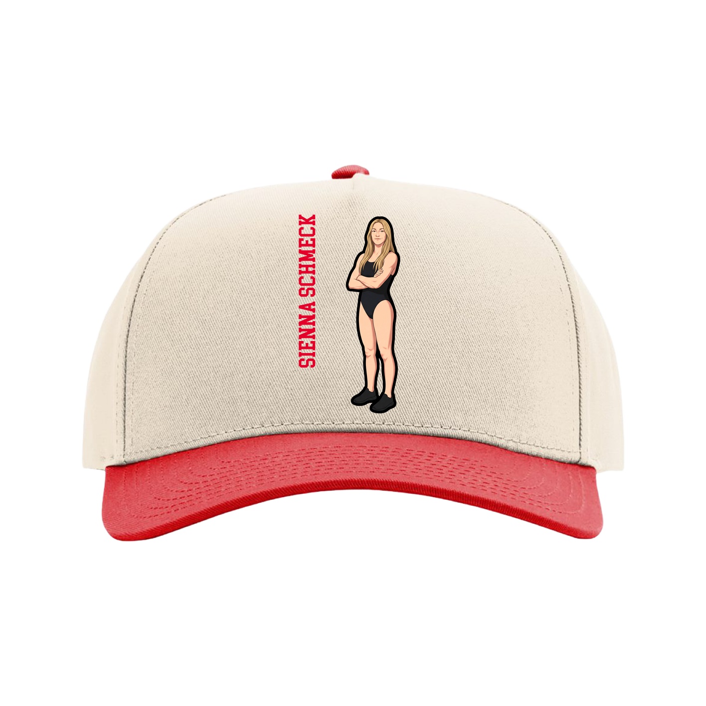 Full Fabric Five-Panel Champ Cap — Name Vertical in Cream/Red