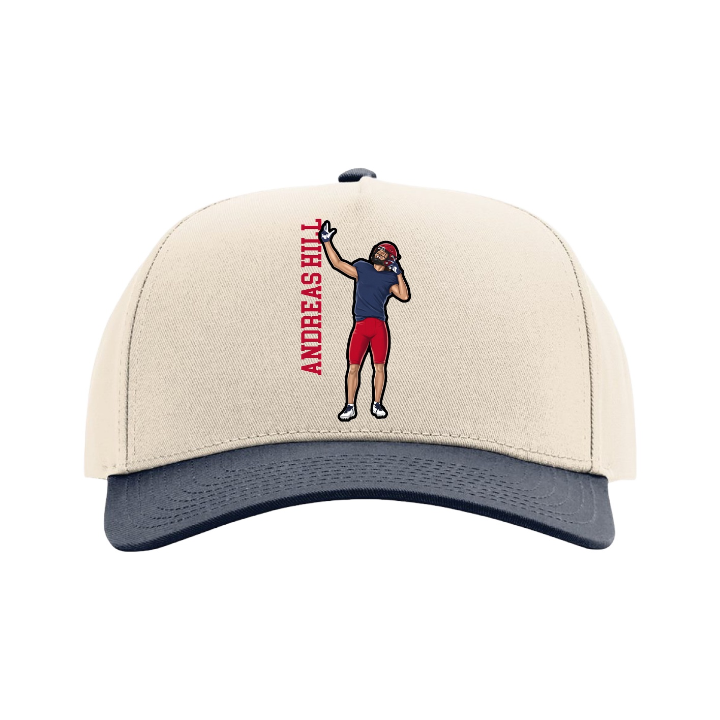 Full Fabric Five-Panel Champ Cap — Name Vertical in Cream/Navy