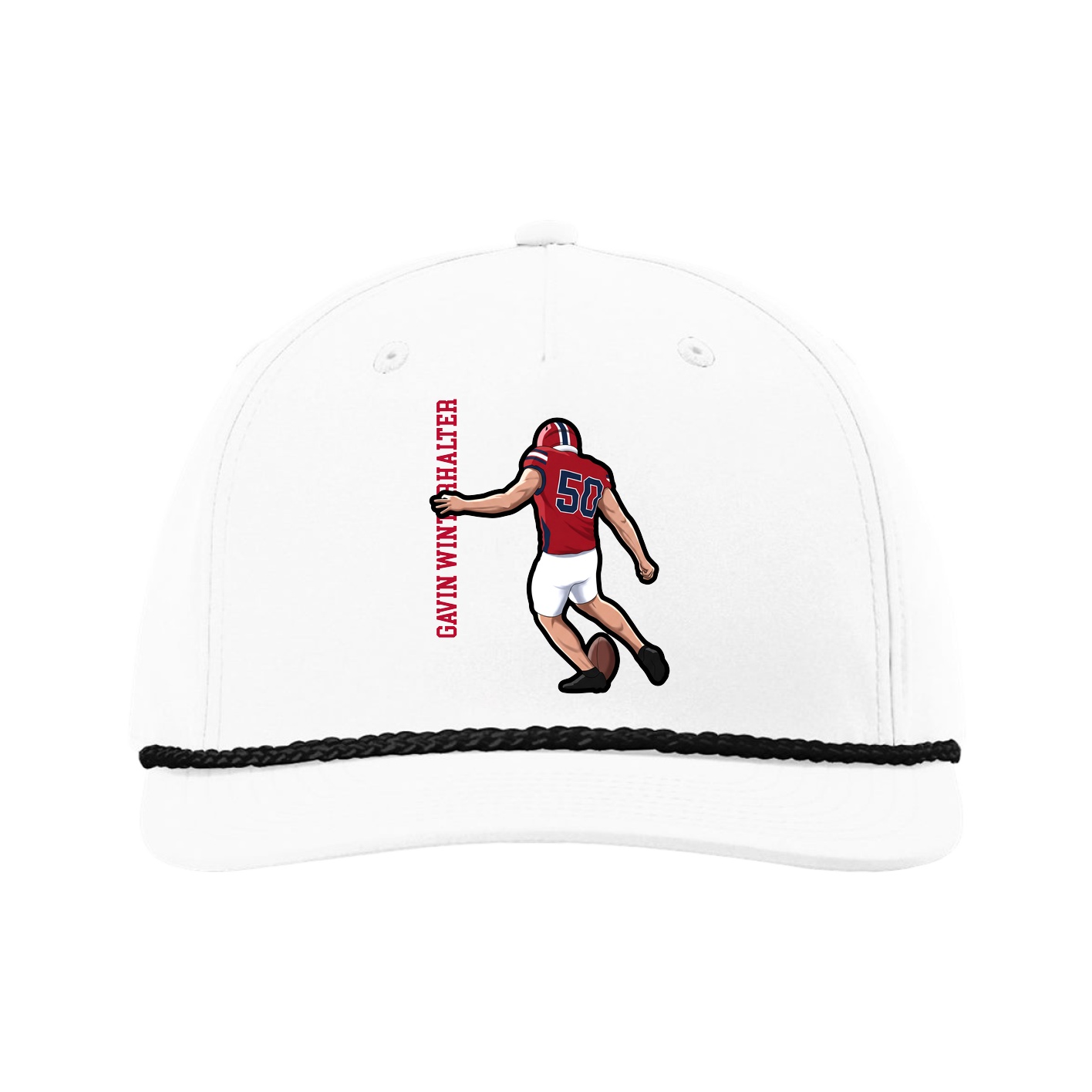 Five-Panel Classic Rope Cap — Name Vertical in White
