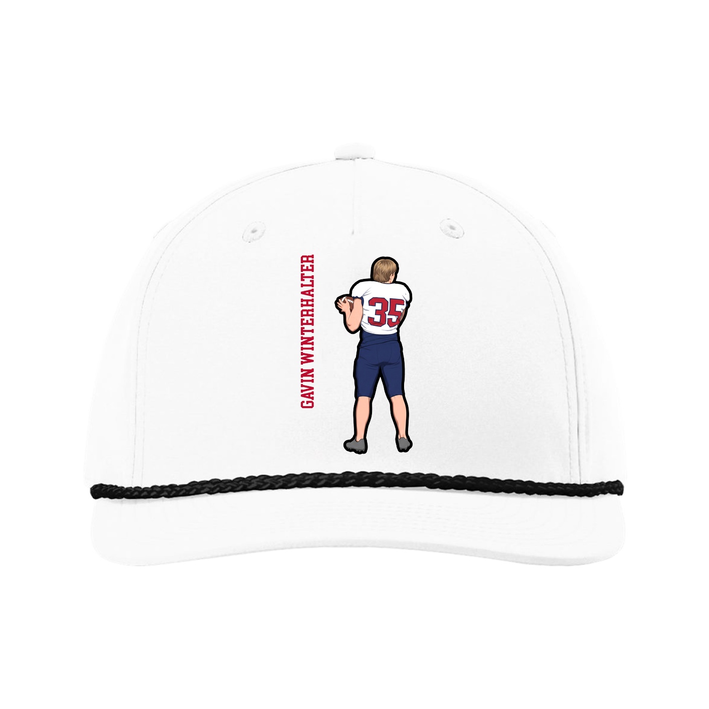 Five-Panel Classic Rope Cap — Name Vertical in White