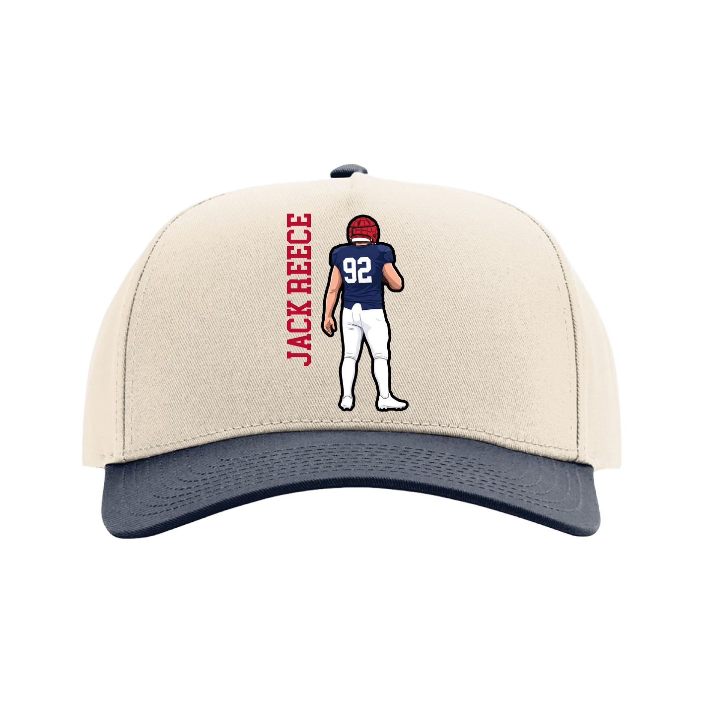 Full Fabric Five-Panel Champ Cap — Name Vertical in Cream/Navy