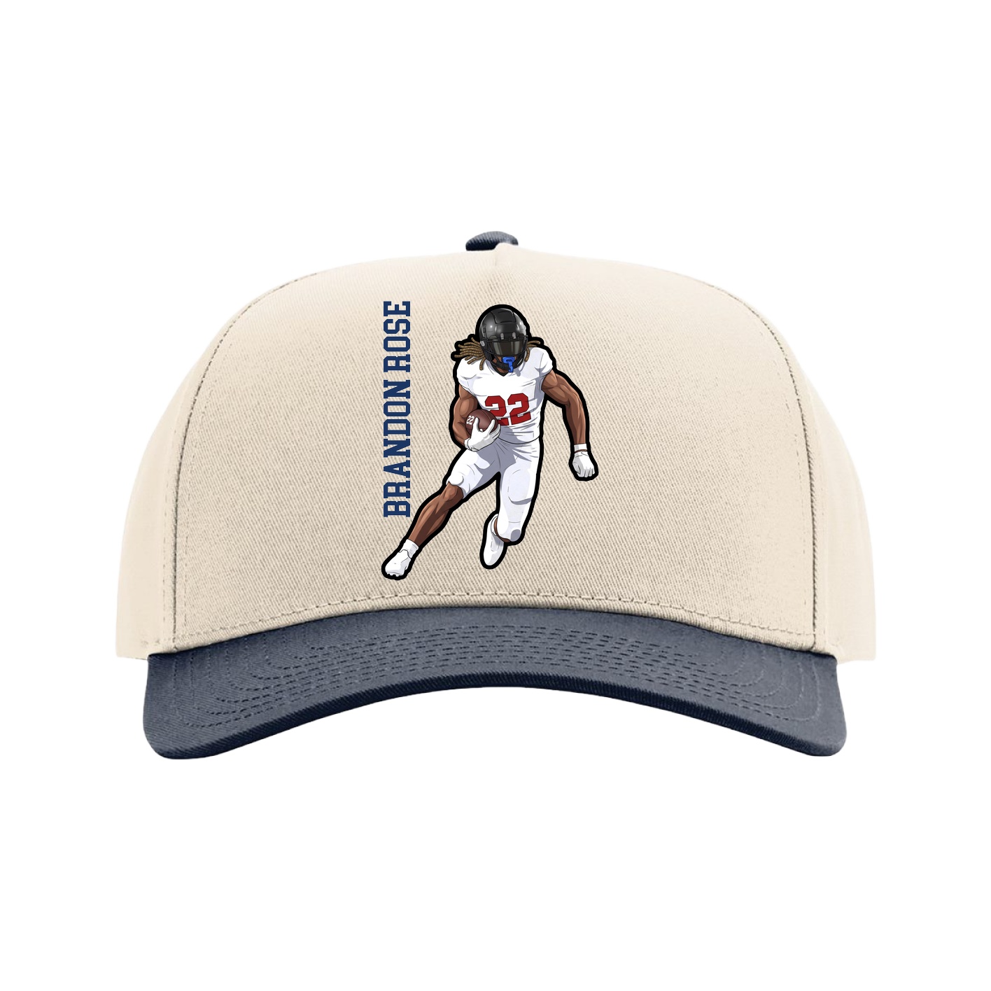 Full Fabric Five-Panel Champ Cap — Name Vertical in Cream/Navy
