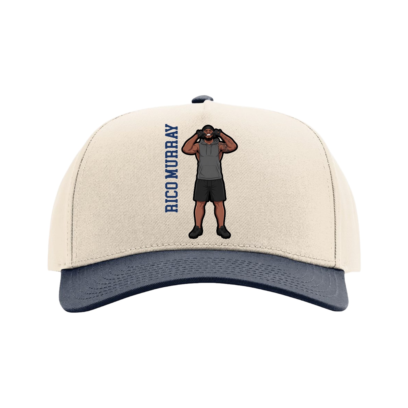 Full Fabric Five-Panel Champ Cap — Name Vertical in Cream/Navy