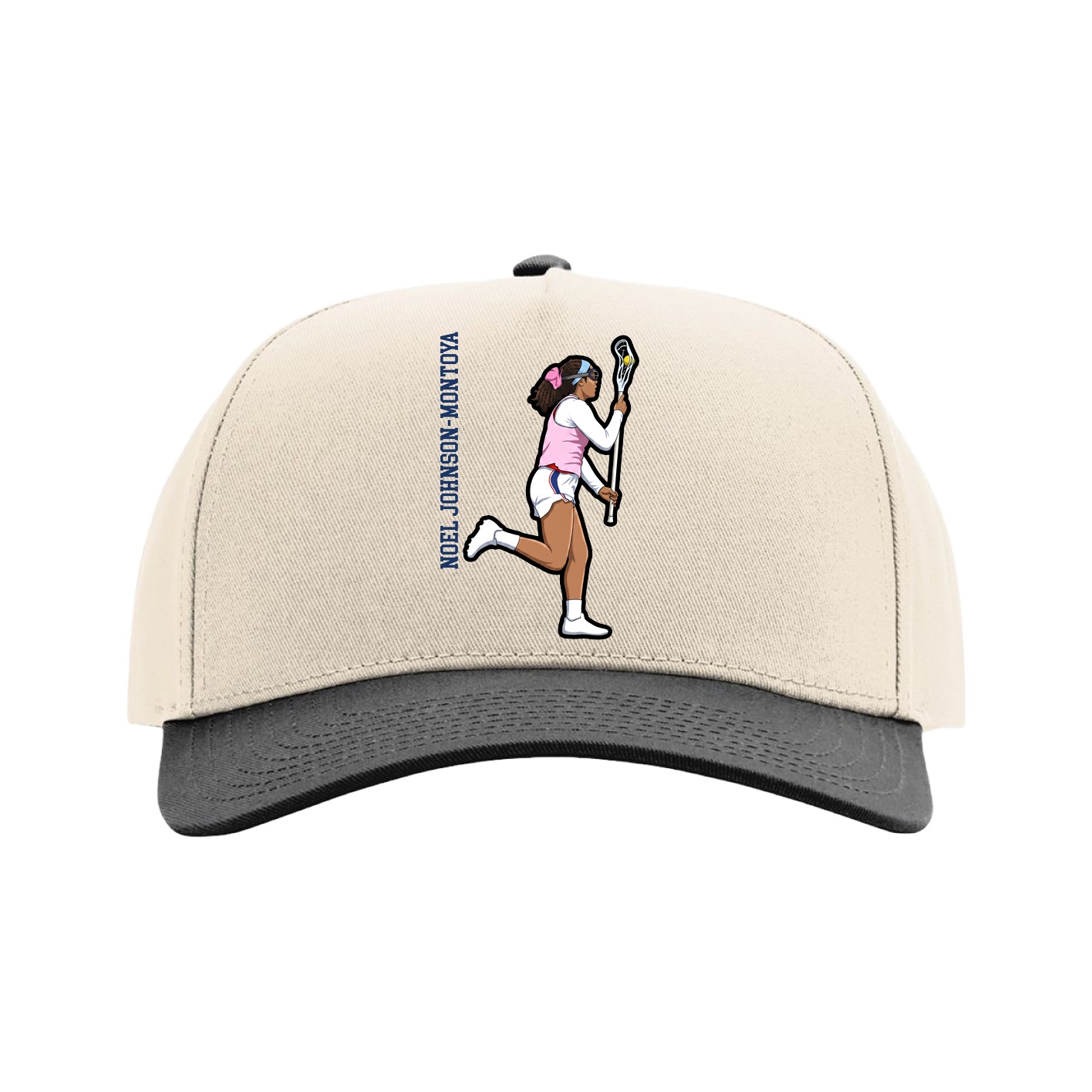 Full Fabric Five-Panel Champ Cap — Name Vertical in Cream/Black