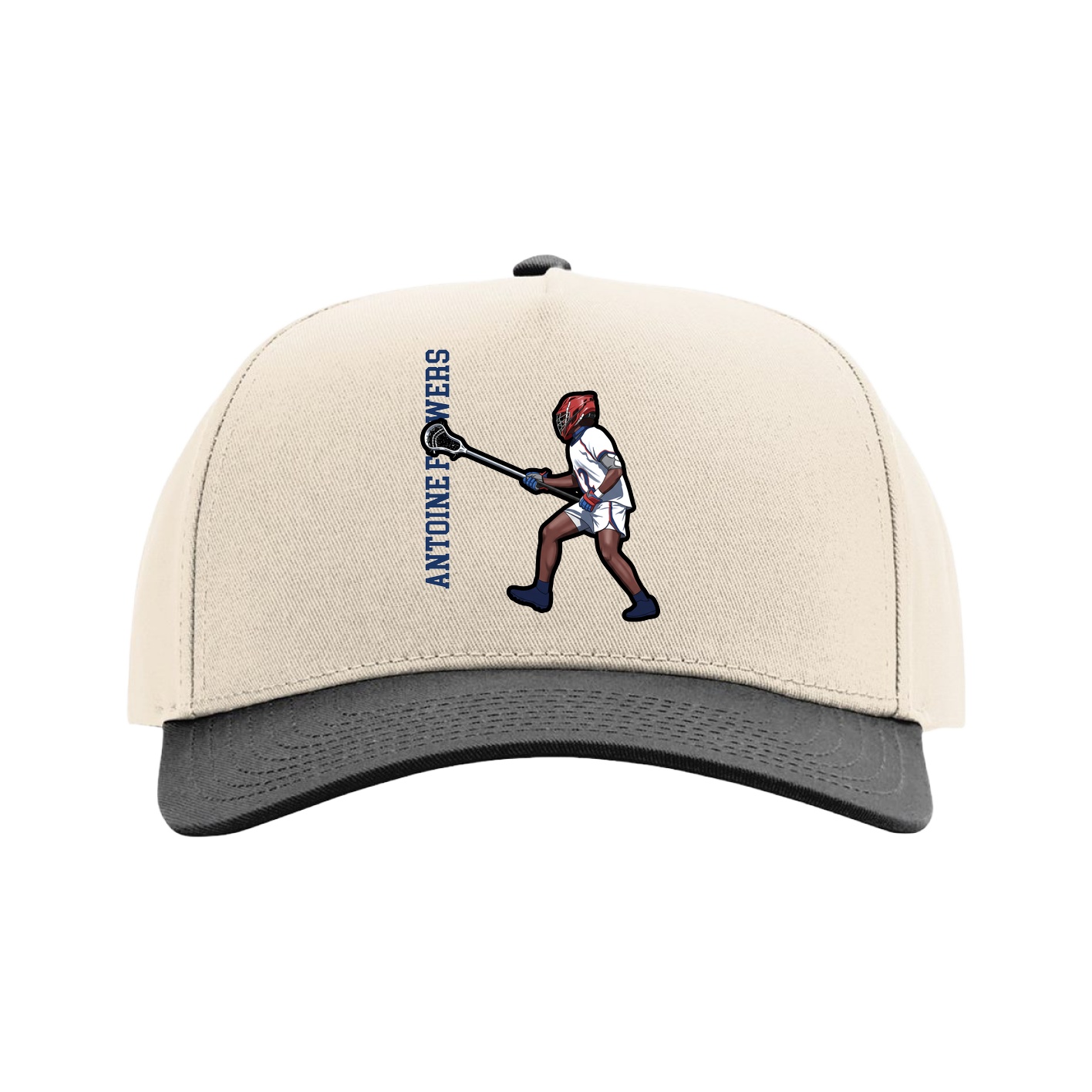 Full Fabric Five-Panel Champ Cap — Name Vertical in Cream/Black