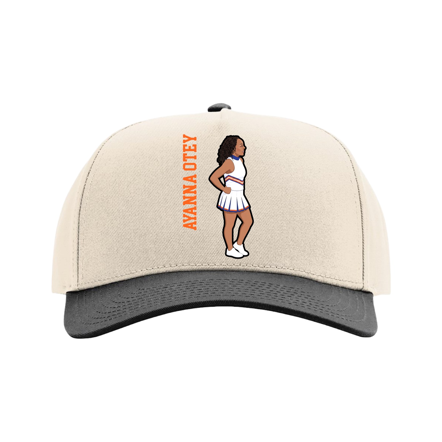 Full Fabric Five-Panel Champ Cap — Name Vertical in Cream/Black