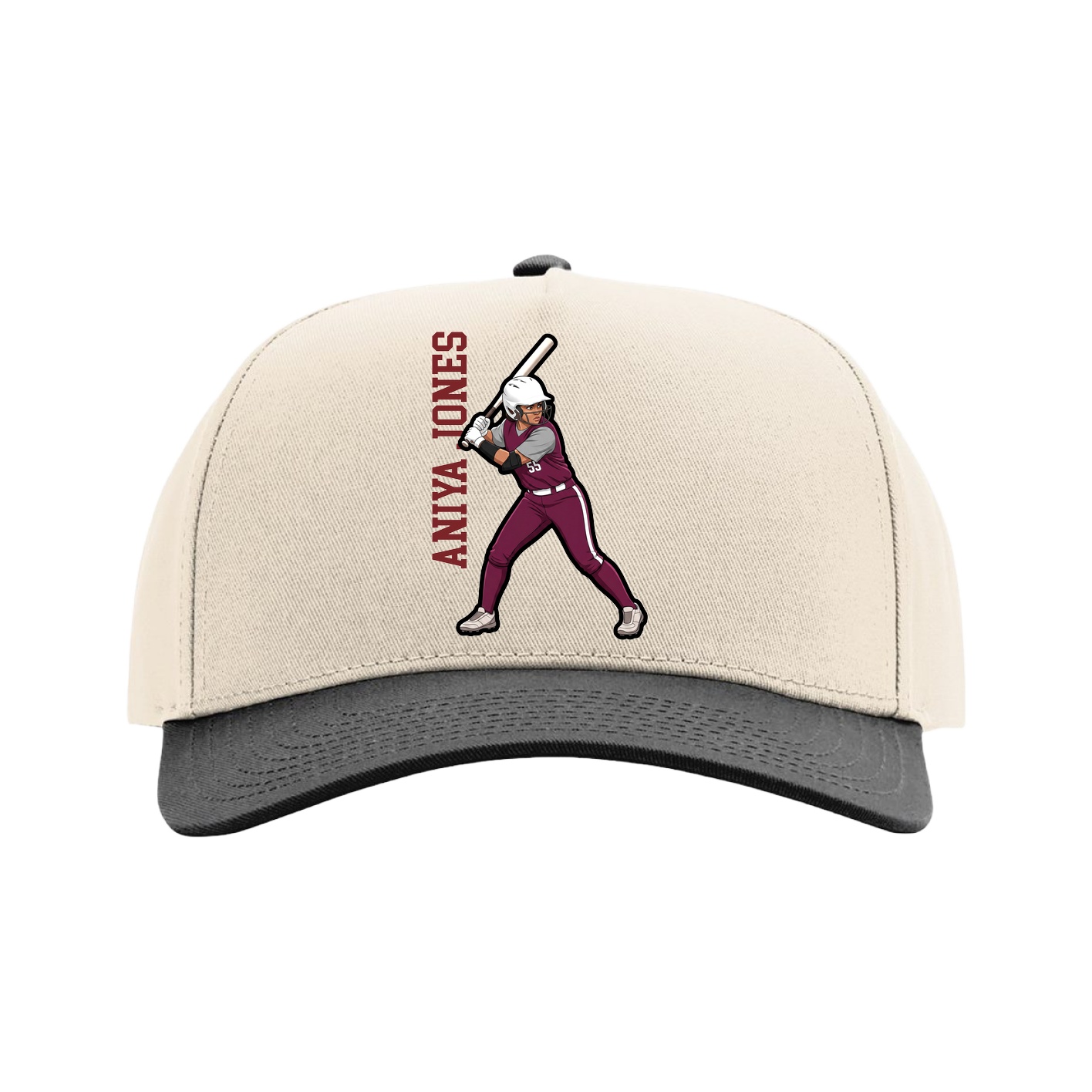Full Fabric Five-Panel Champ Cap — Name Vertical in Cream/Black