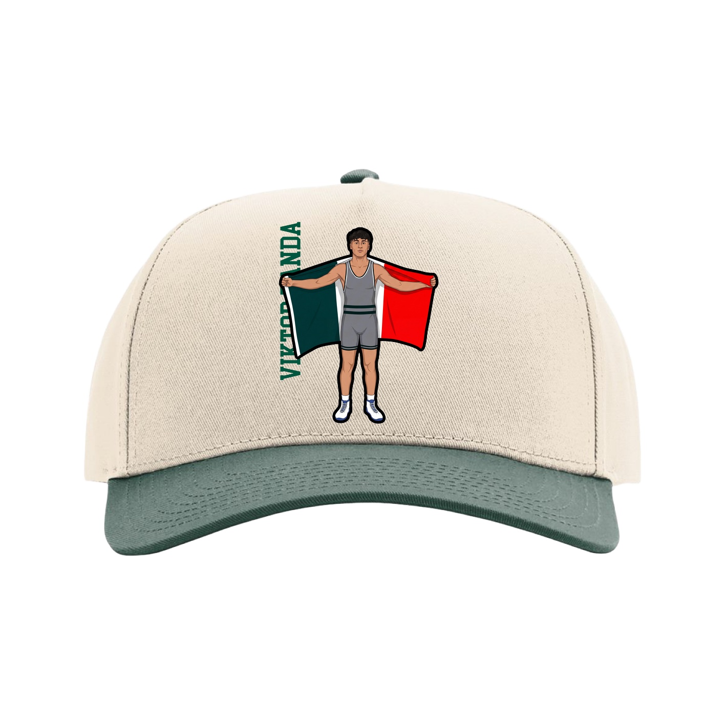 Full Fabric Five-Panel Champ Cap — Name Vertical in Cream/Green