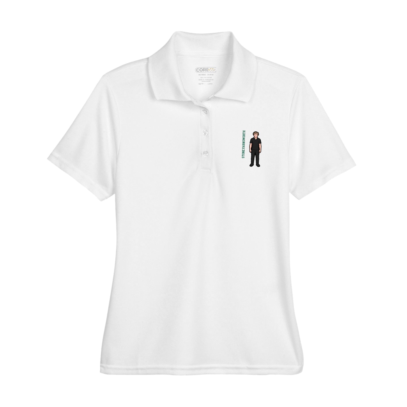 Womens Performance Polo — Name Vertical in White