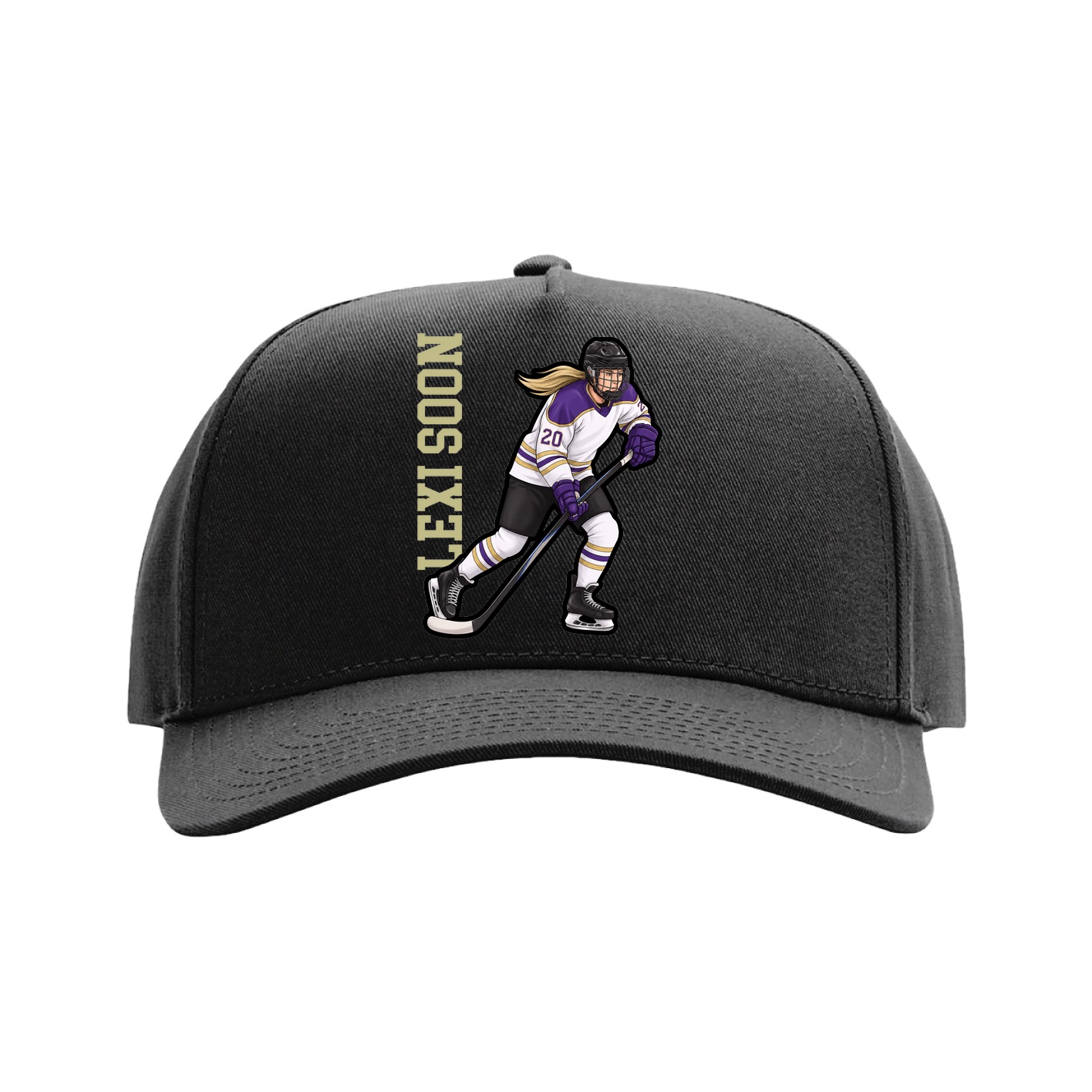 Full Fabric Five-Panel Champ Cap — Name Vertical in Black