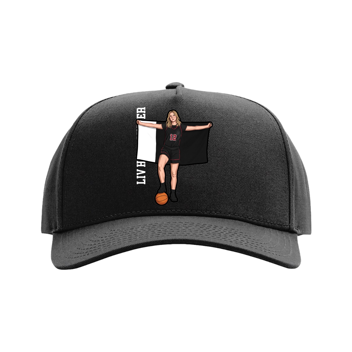 Full Fabric Five-Panel Champ Cap — Name Vertical in Black