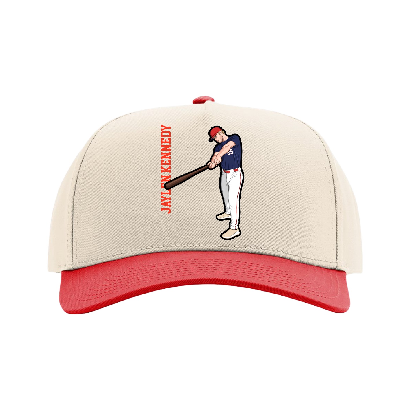 Full Fabric Five-Panel Champ Cap — Name Vertical in Cream/Red