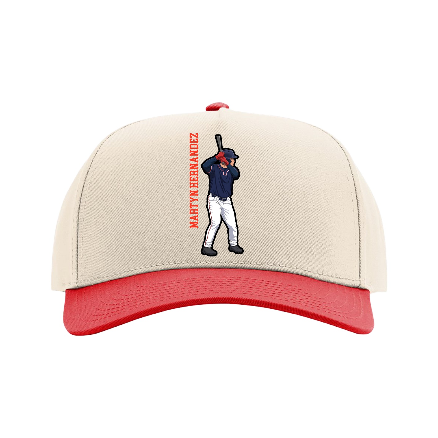 Full Fabric Five-Panel Champ Cap — Name Vertical in Cream/Red