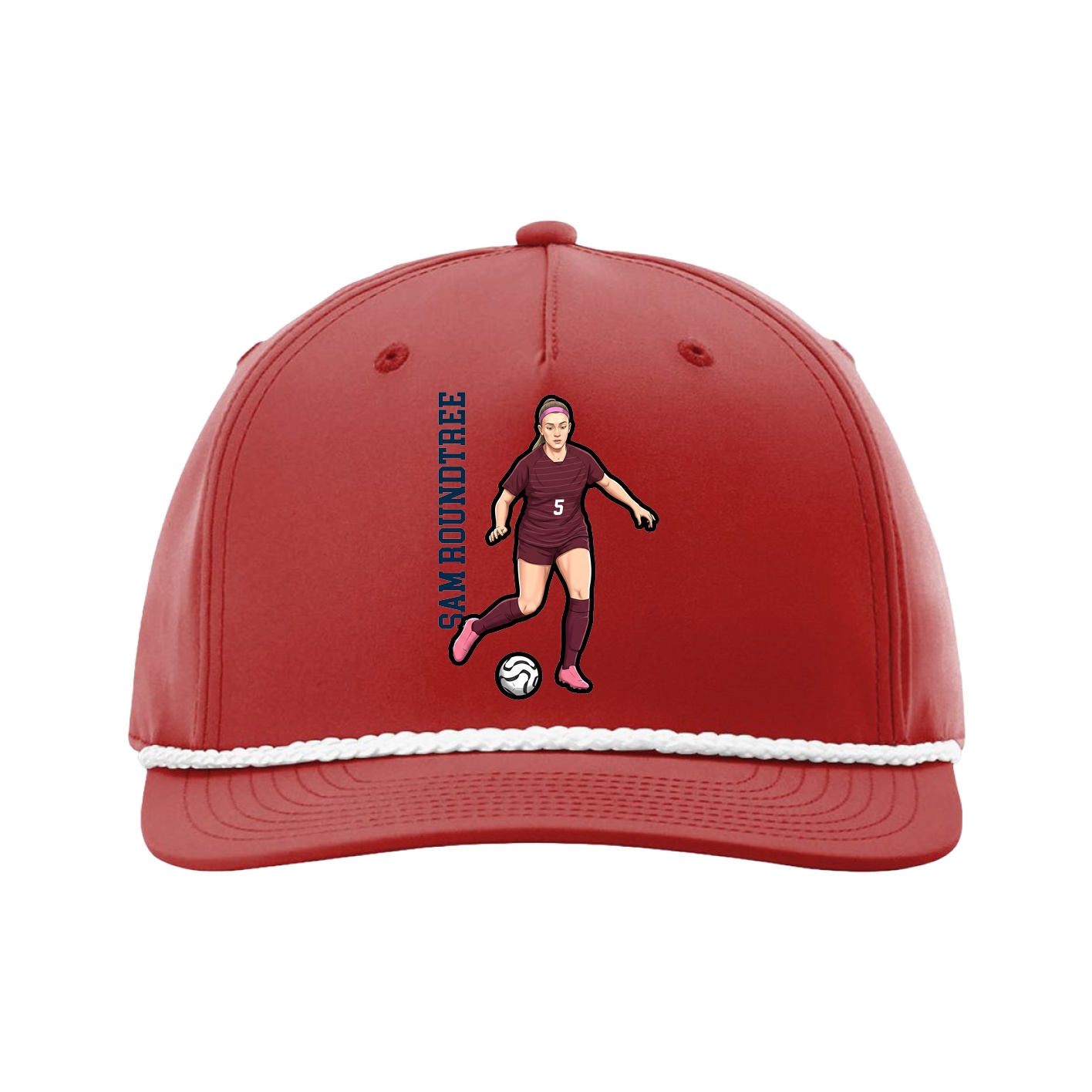 Five-Panel Classic Rope Cap — Name Vertical in Red