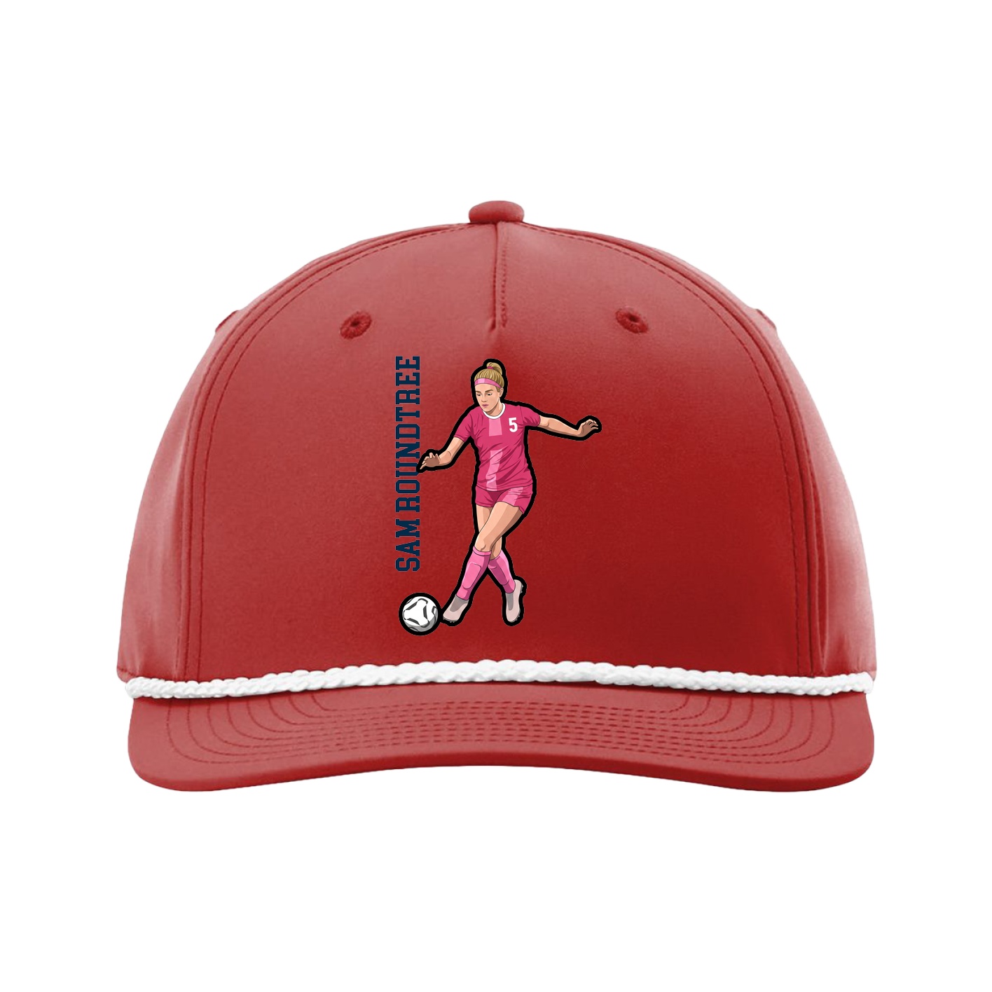 Five-Panel Classic Rope Cap — Name Vertical in Red