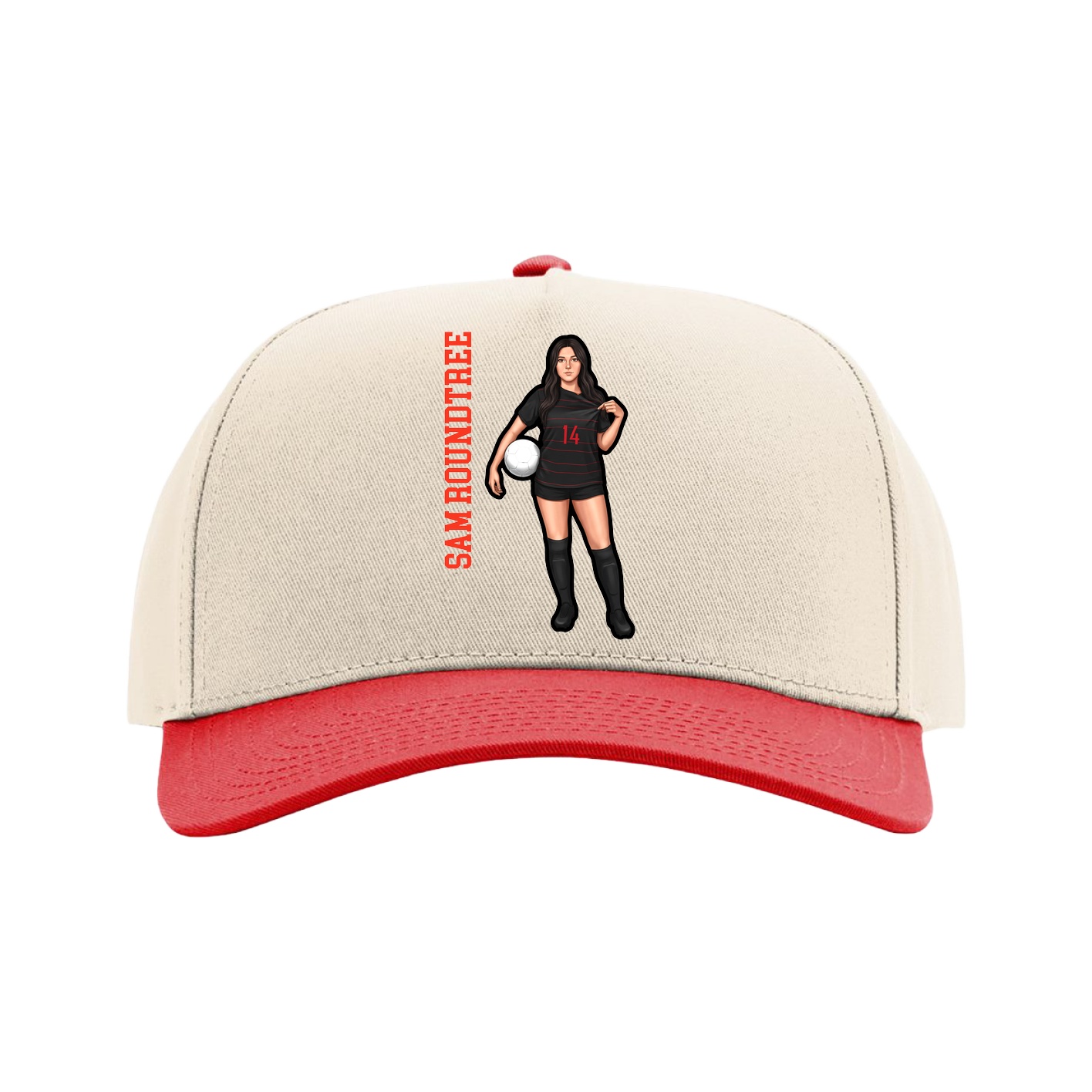 Full Fabric Five-Panel Champ Cap — Name Vertical in Cream/Red