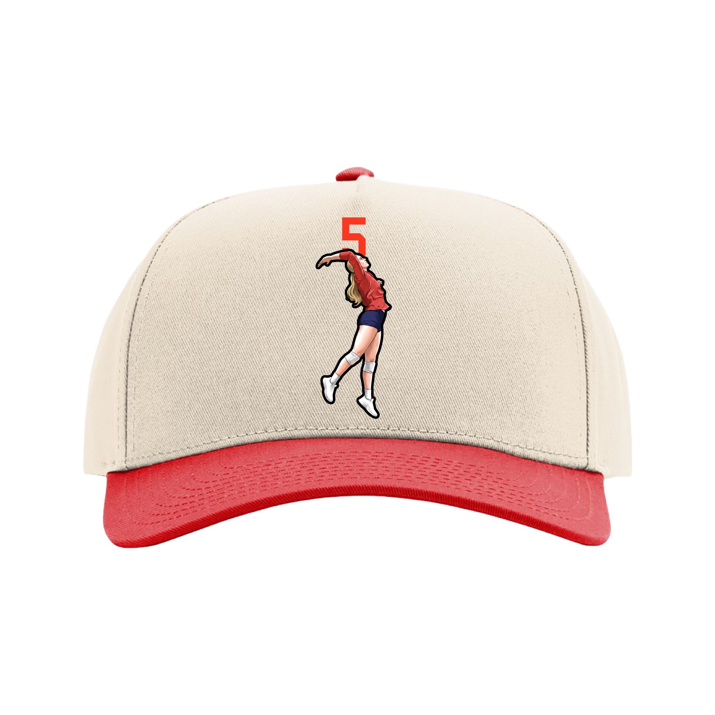 Full Fabric Five-Panel Champ Cap — Number Top in Cream/Red
