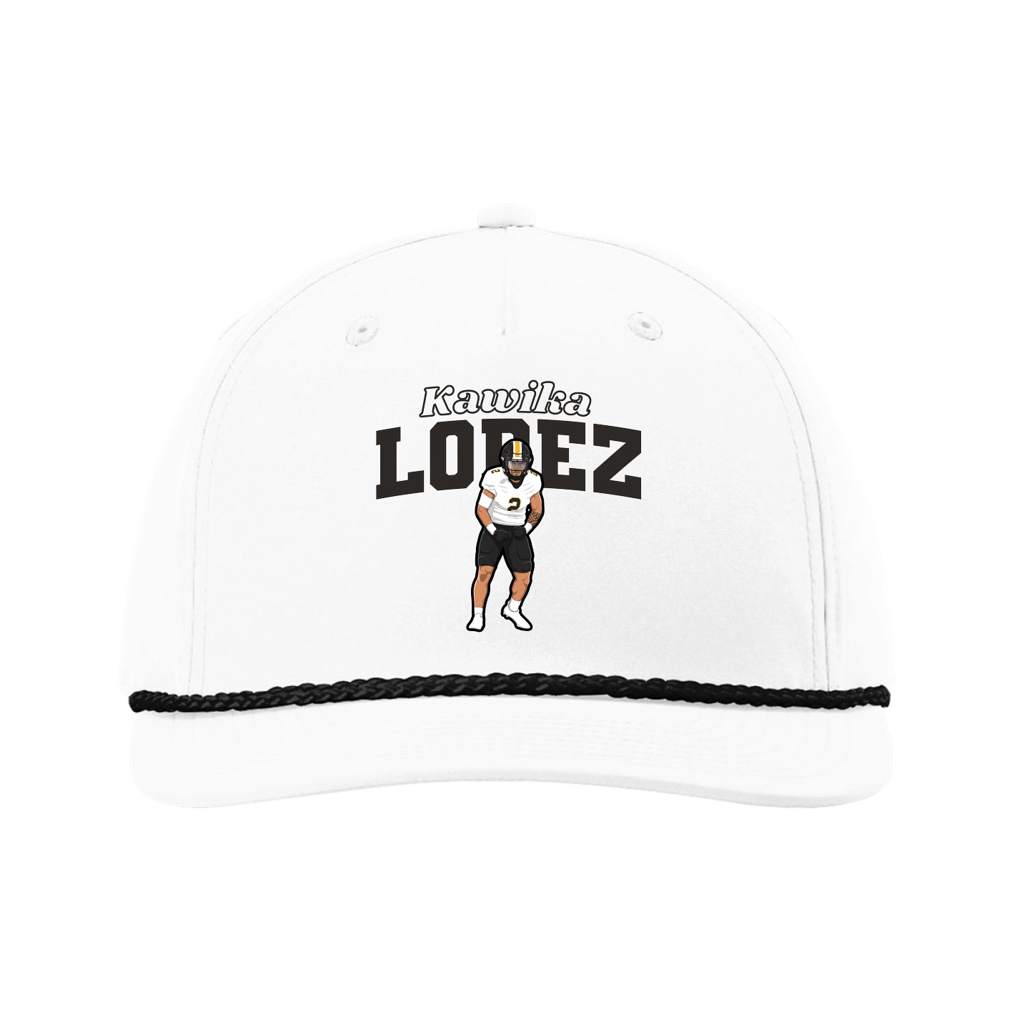 Five-Panel Classic Rope Cap — Name Arch in White
