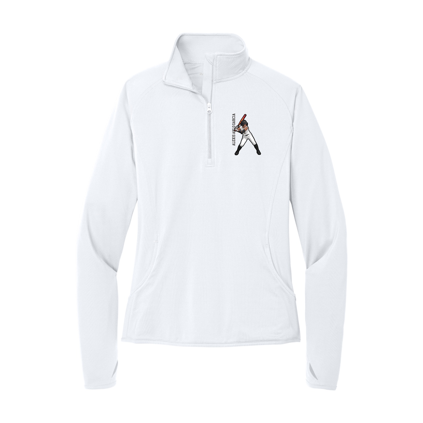 Women's Q-Zip Pullover — Name Vertical in White
