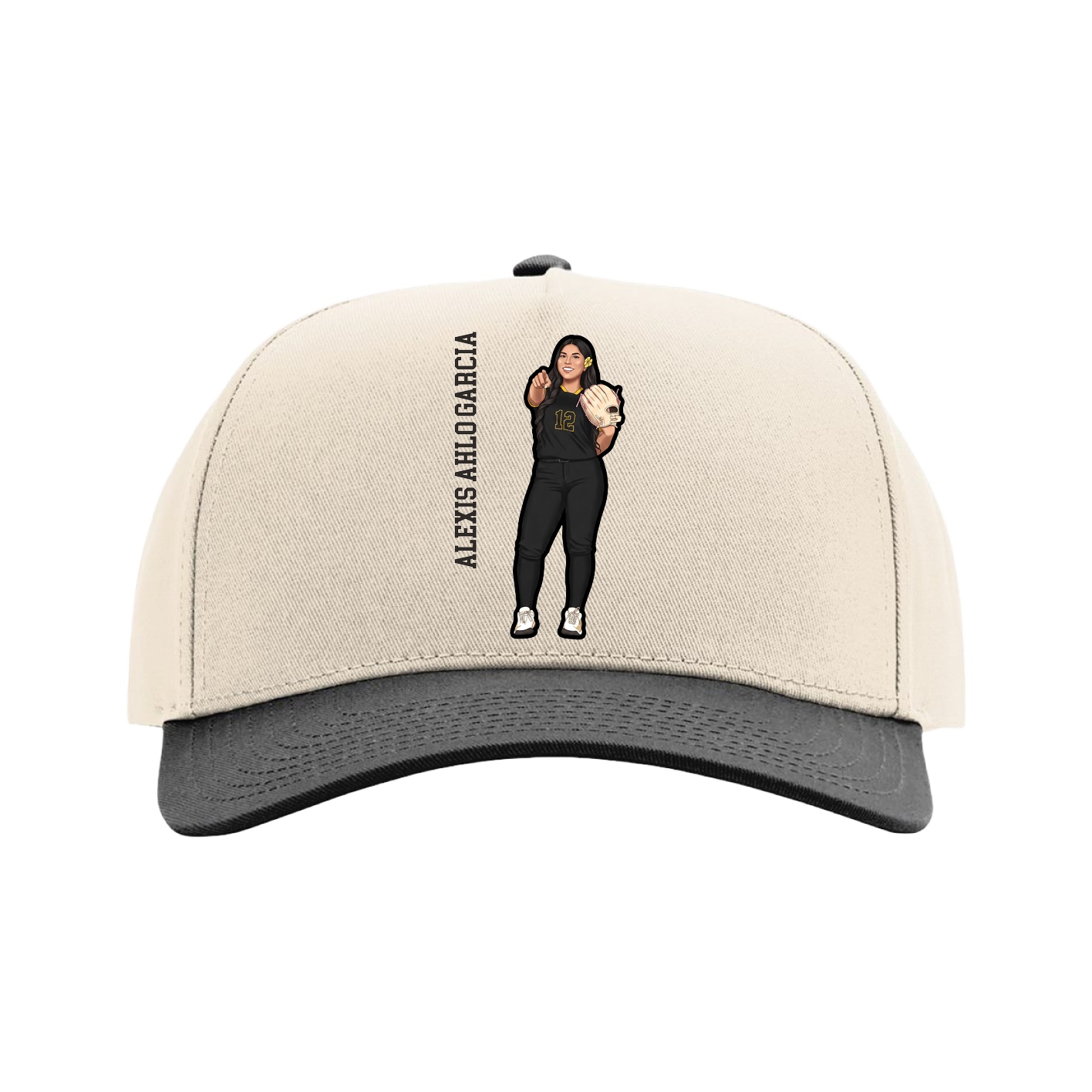 Full Fabric Five-Panel Champ Cap — Name Vertical in Cream/Black