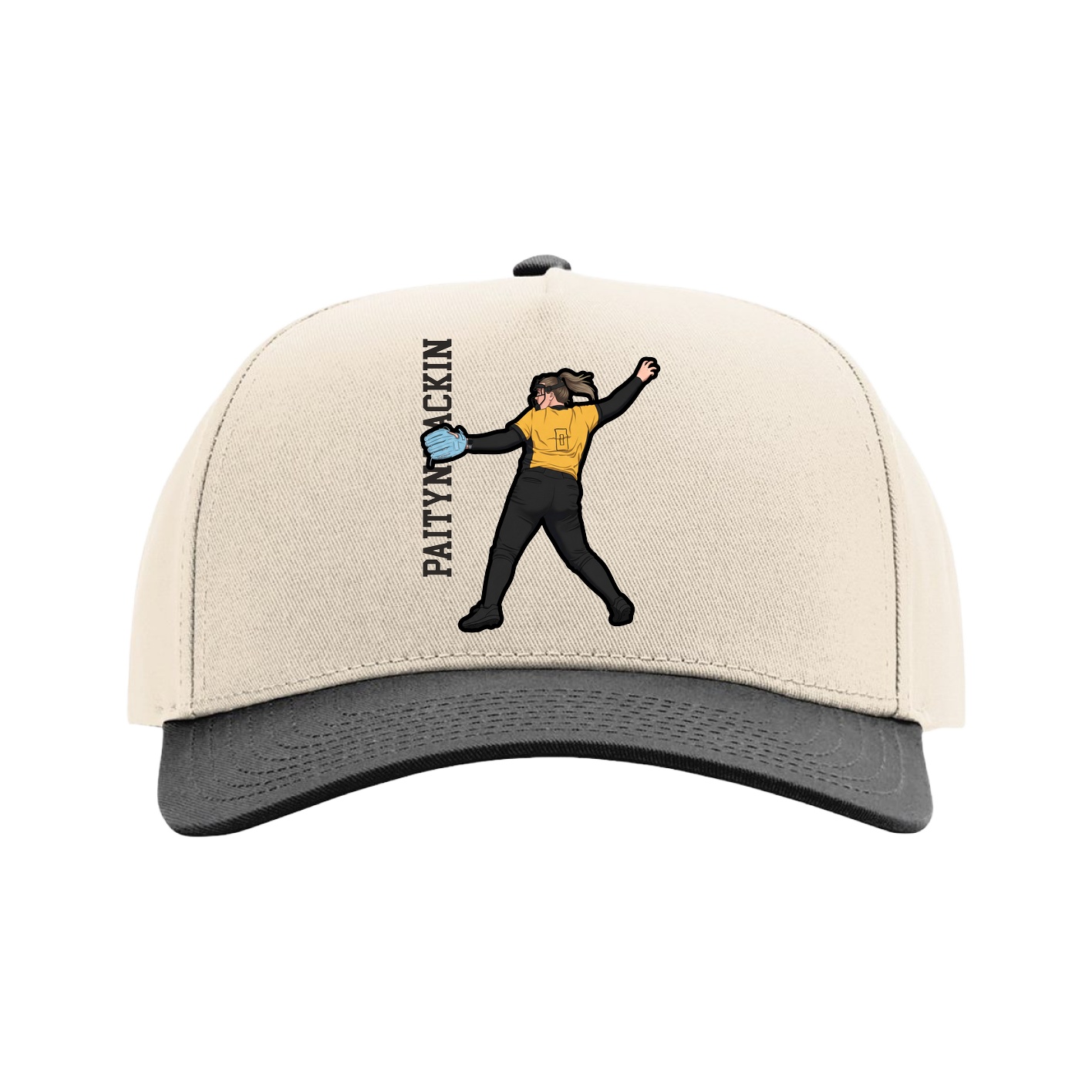 Full Fabric Five-Panel Champ Cap — Name Vertical in Cream/Black