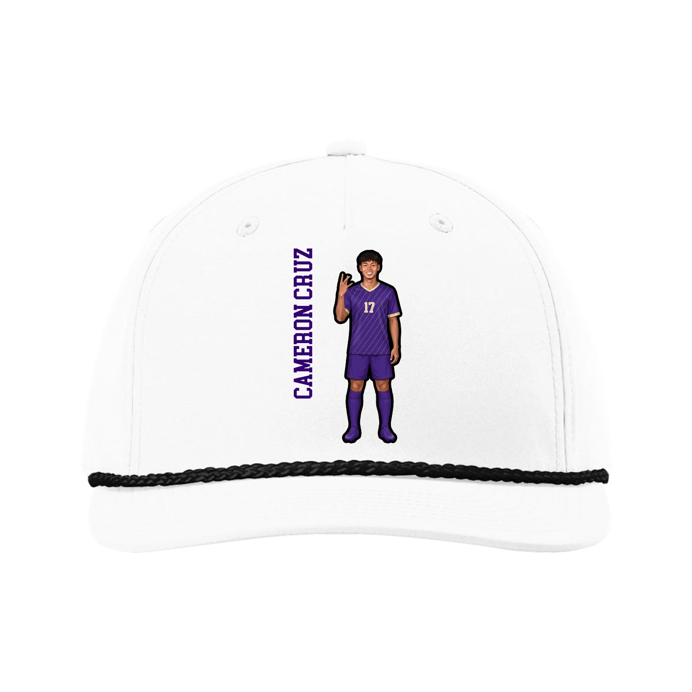 Five-Panel Classic Rope Cap — Name Vertical in White
