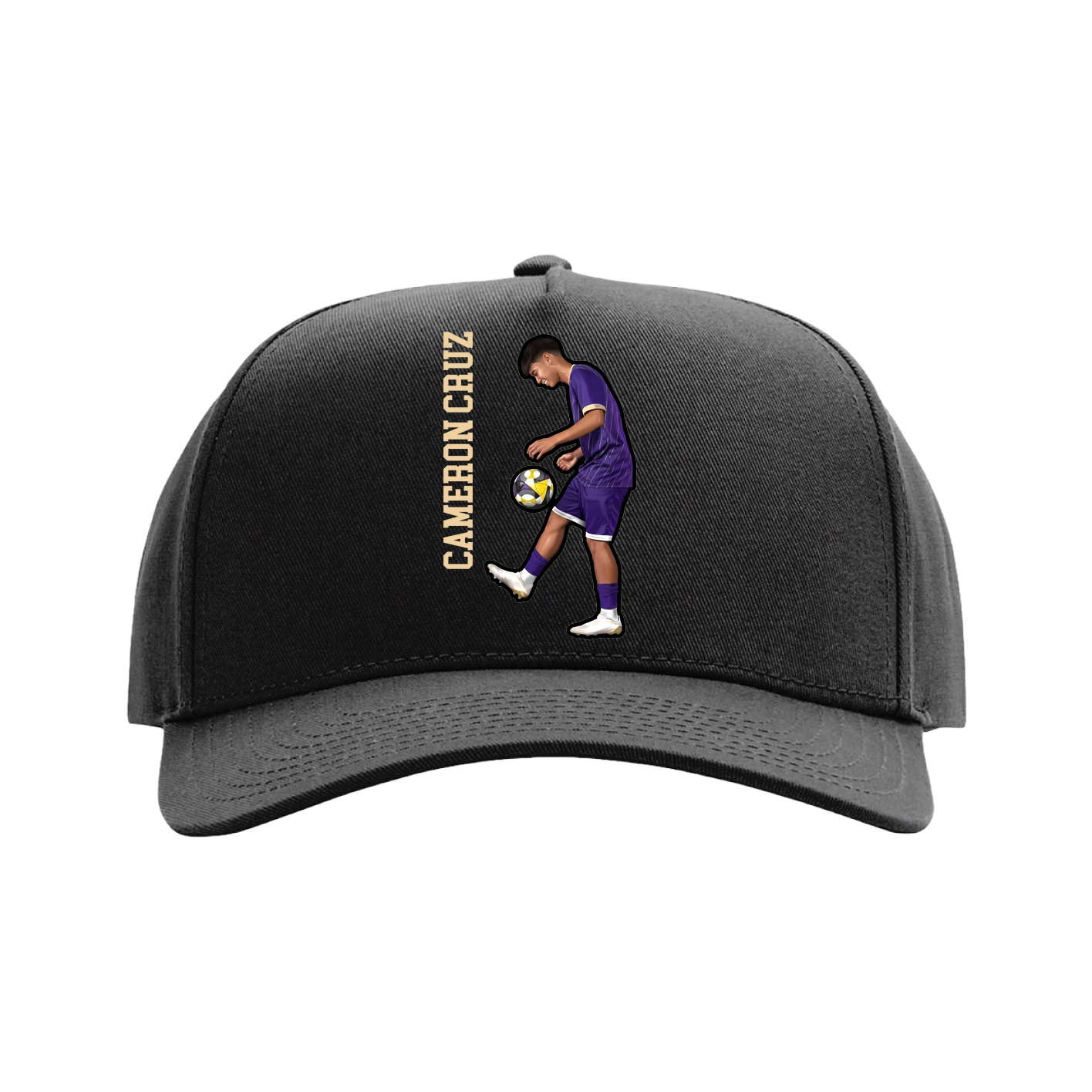 Full Fabric Five-Panel Champ Cap — Name Vertical in Black