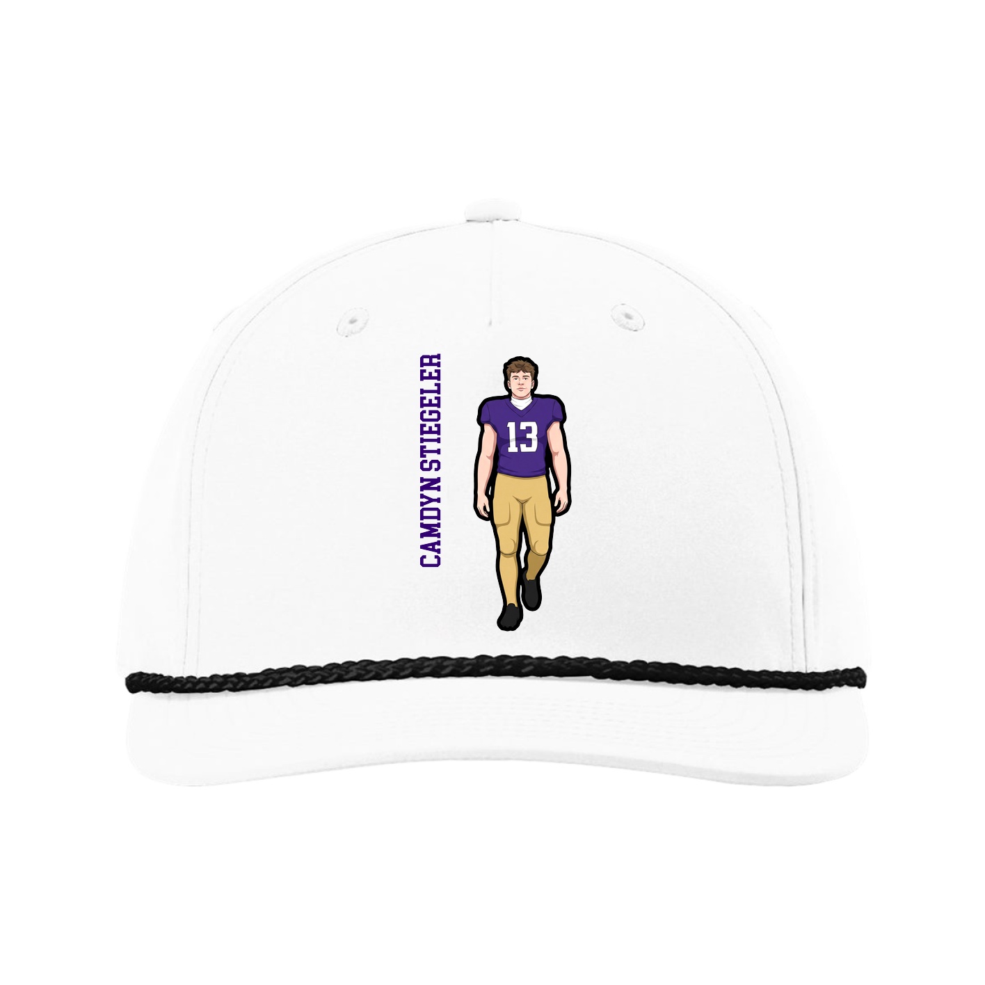Five-Panel Classic Rope Cap — Name Vertical in White