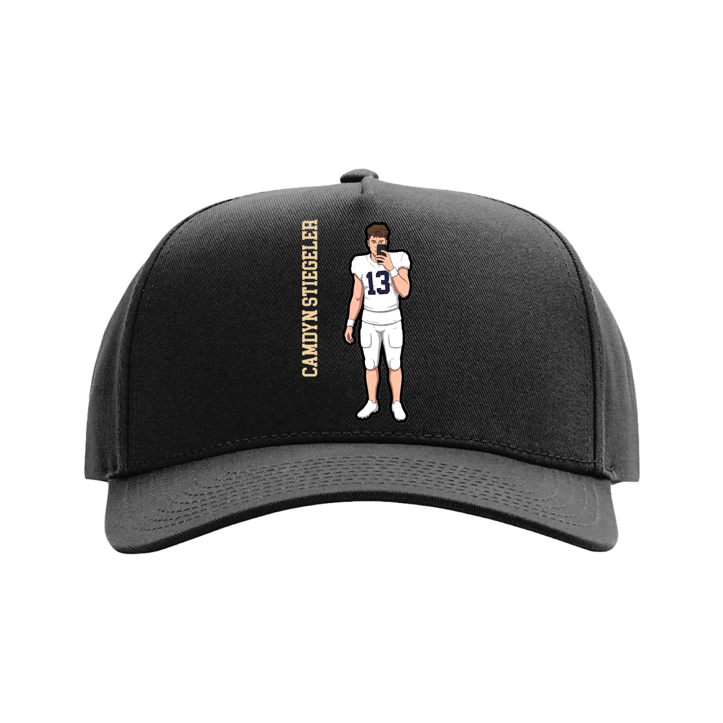 Full Fabric Five-Panel Champ Cap — Name Vertical in Black