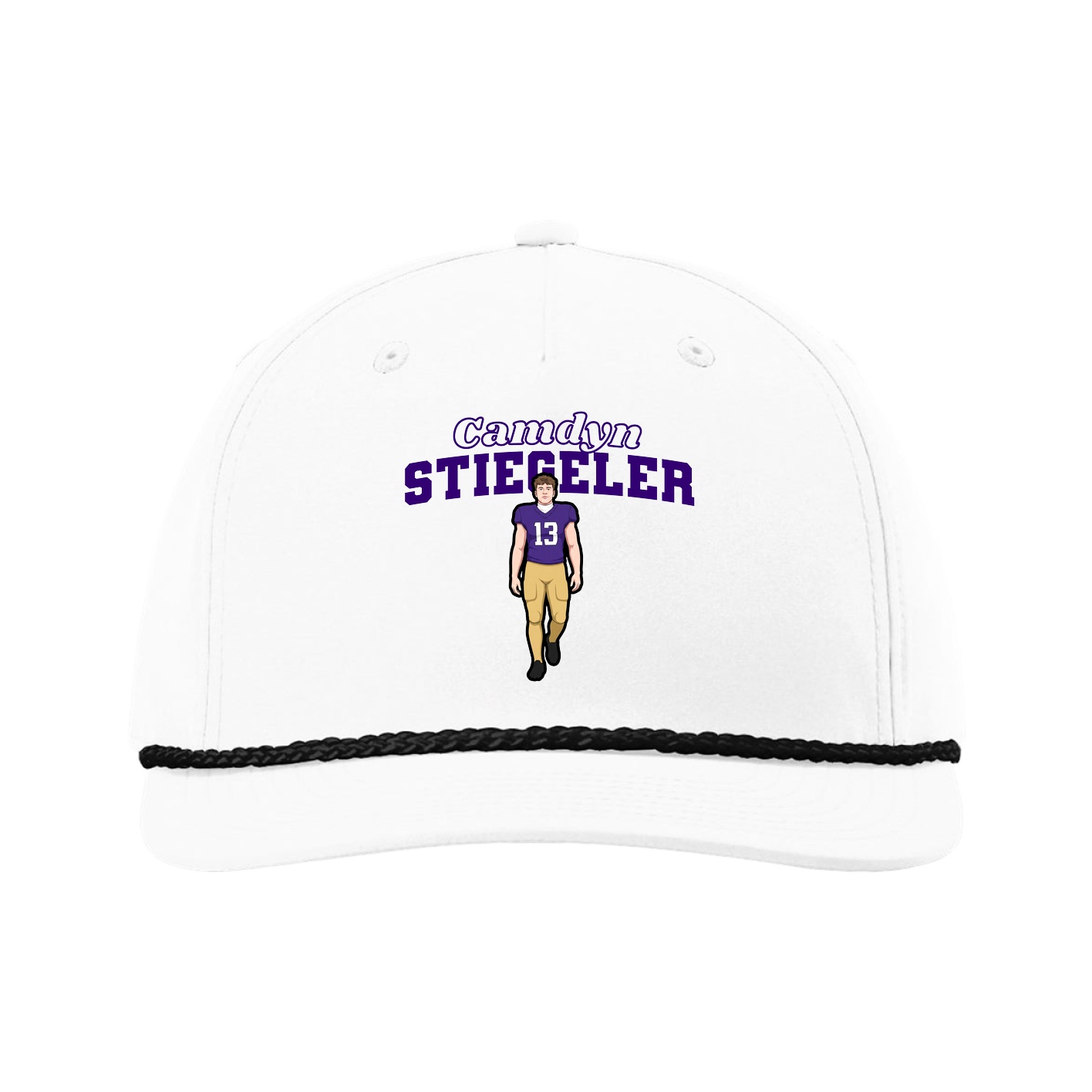 Five-Panel Classic Rope Cap — Name Arch in White