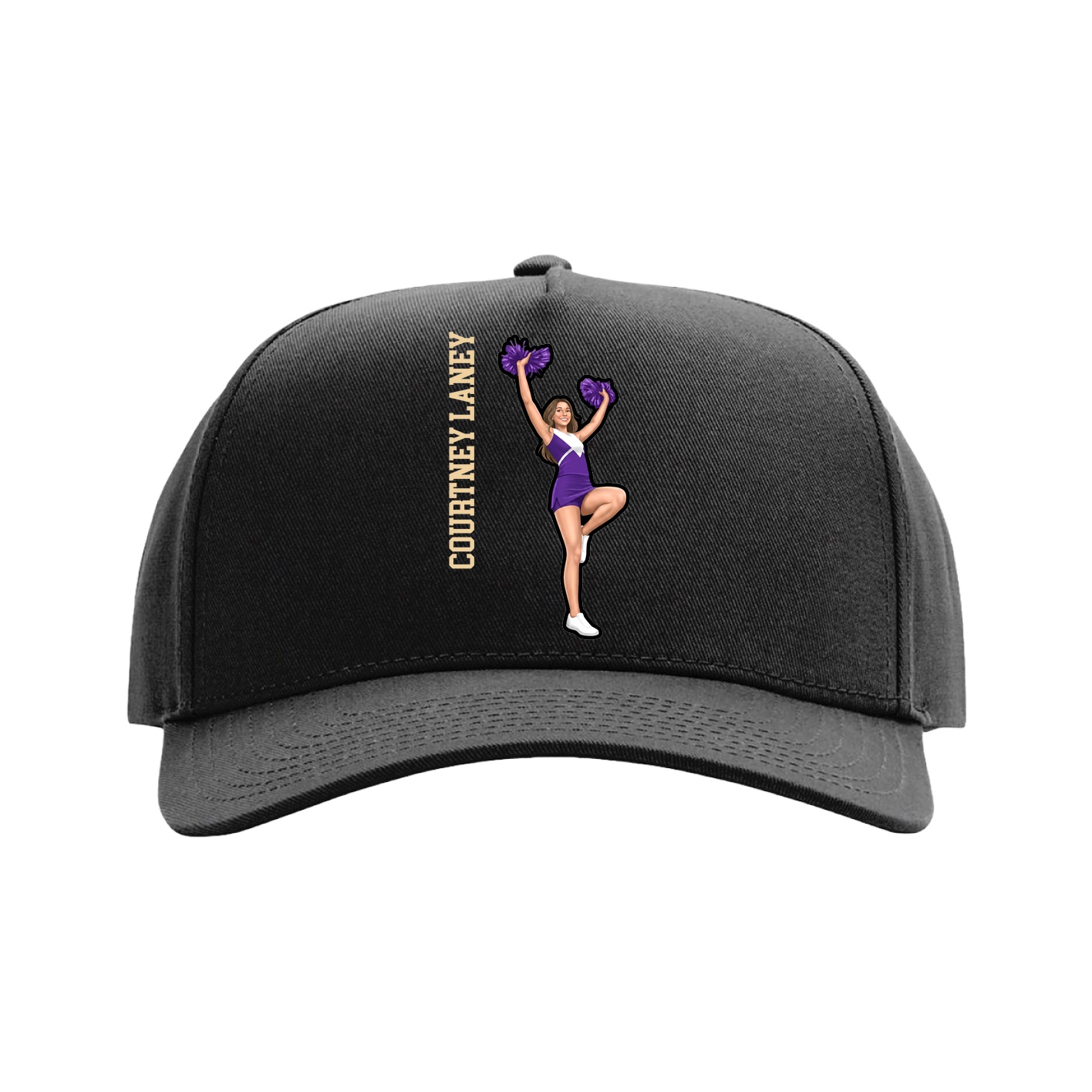 Full Fabric Five-Panel Champ Cap — Name Vertical in Black