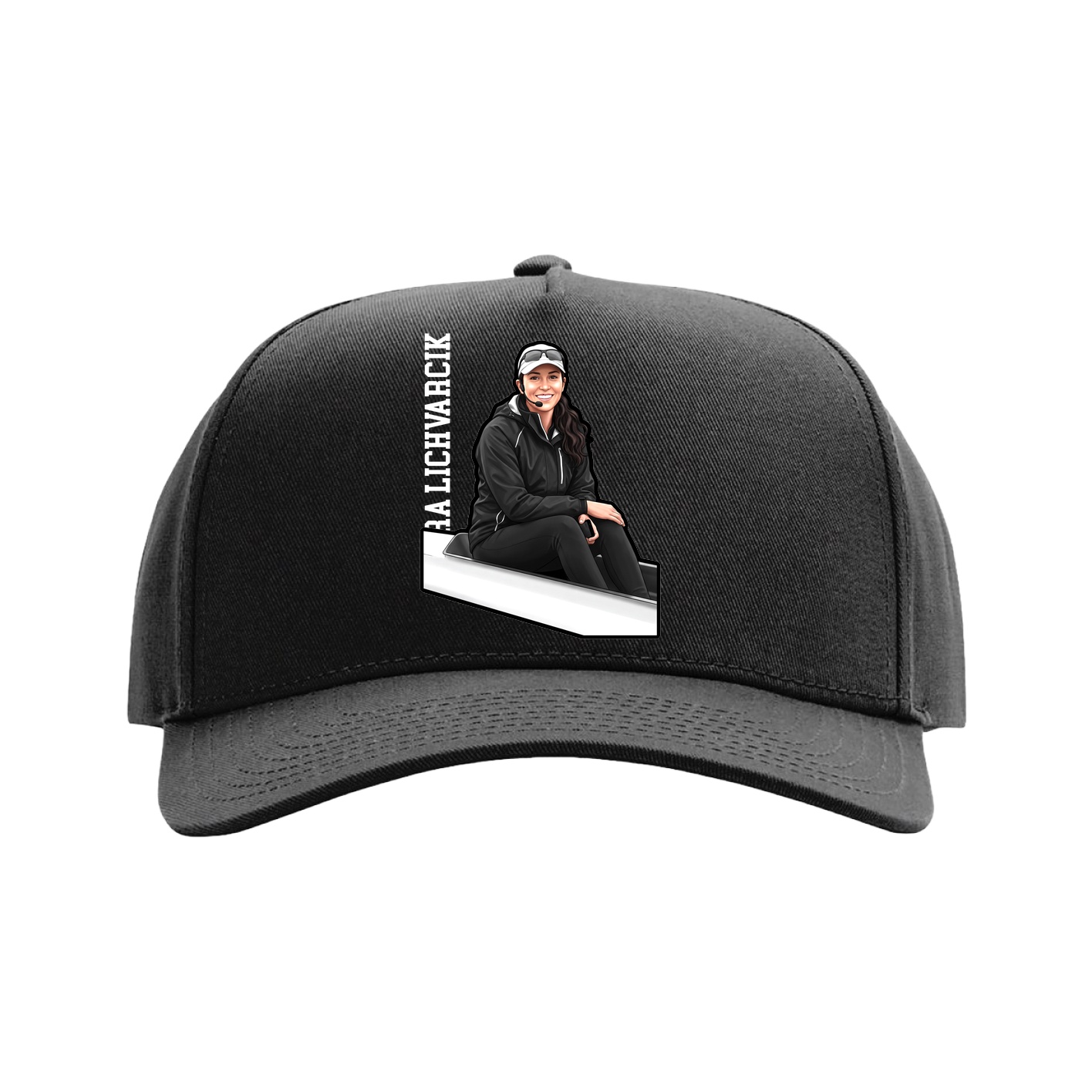 Full Fabric Five-Panel Champ Cap — Name Vertical in Black