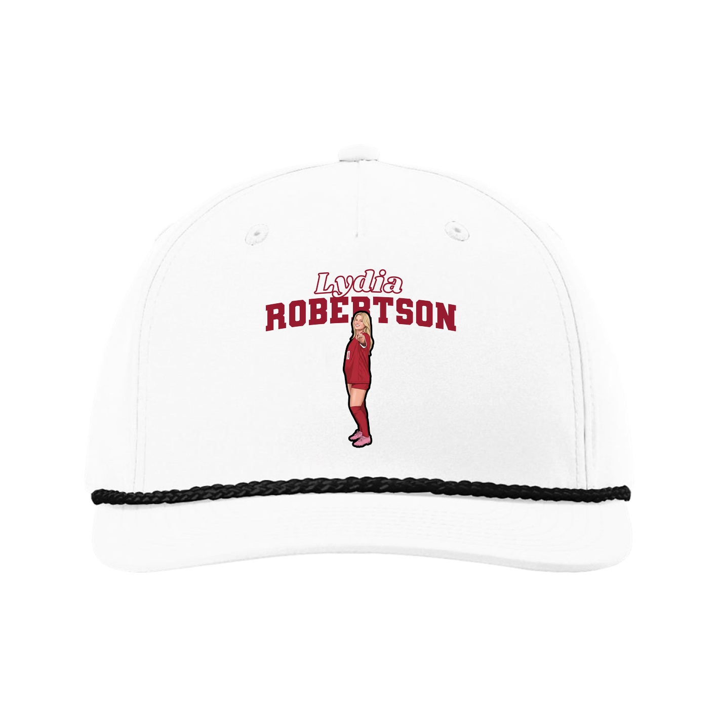 Five-Panel Classic Rope Cap — Name Arch in White