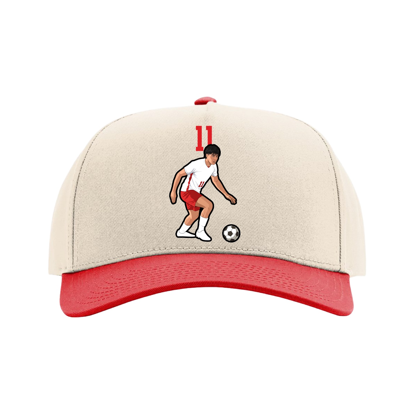 Full Fabric Five-Panel Champ Cap — Number Top in Cream/Red