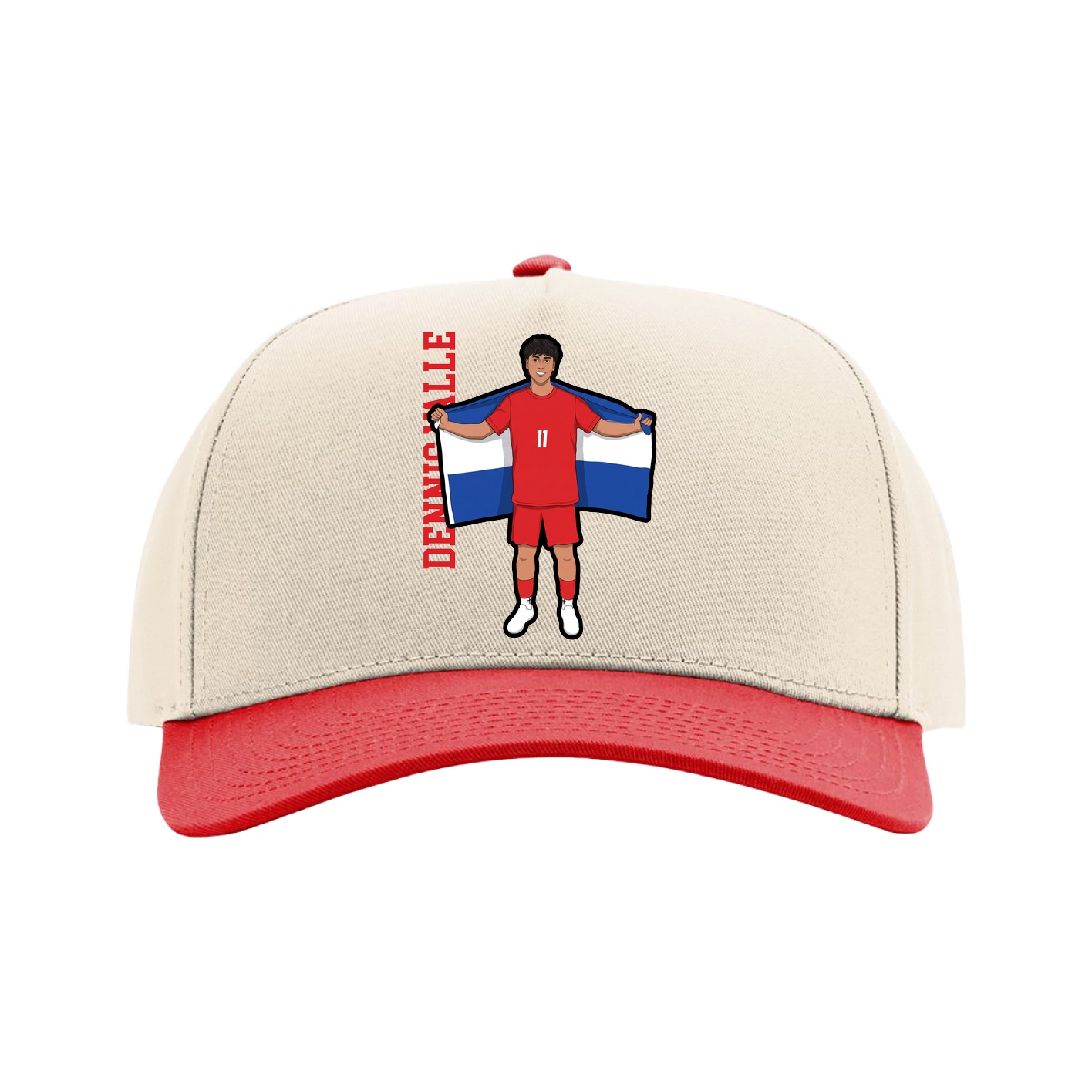 Full Fabric Five-Panel Champ Cap — Name Vertical in Cream/Red