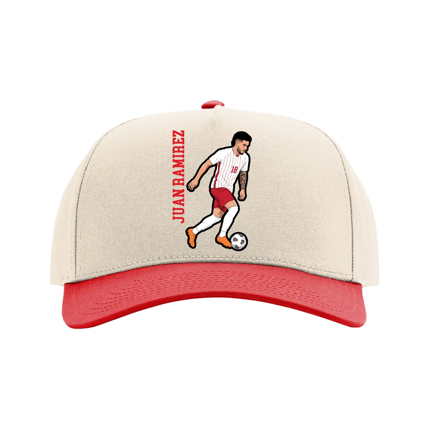 Full Fabric Five-Panel Champ Cap — Name Vertical in Cream/Red