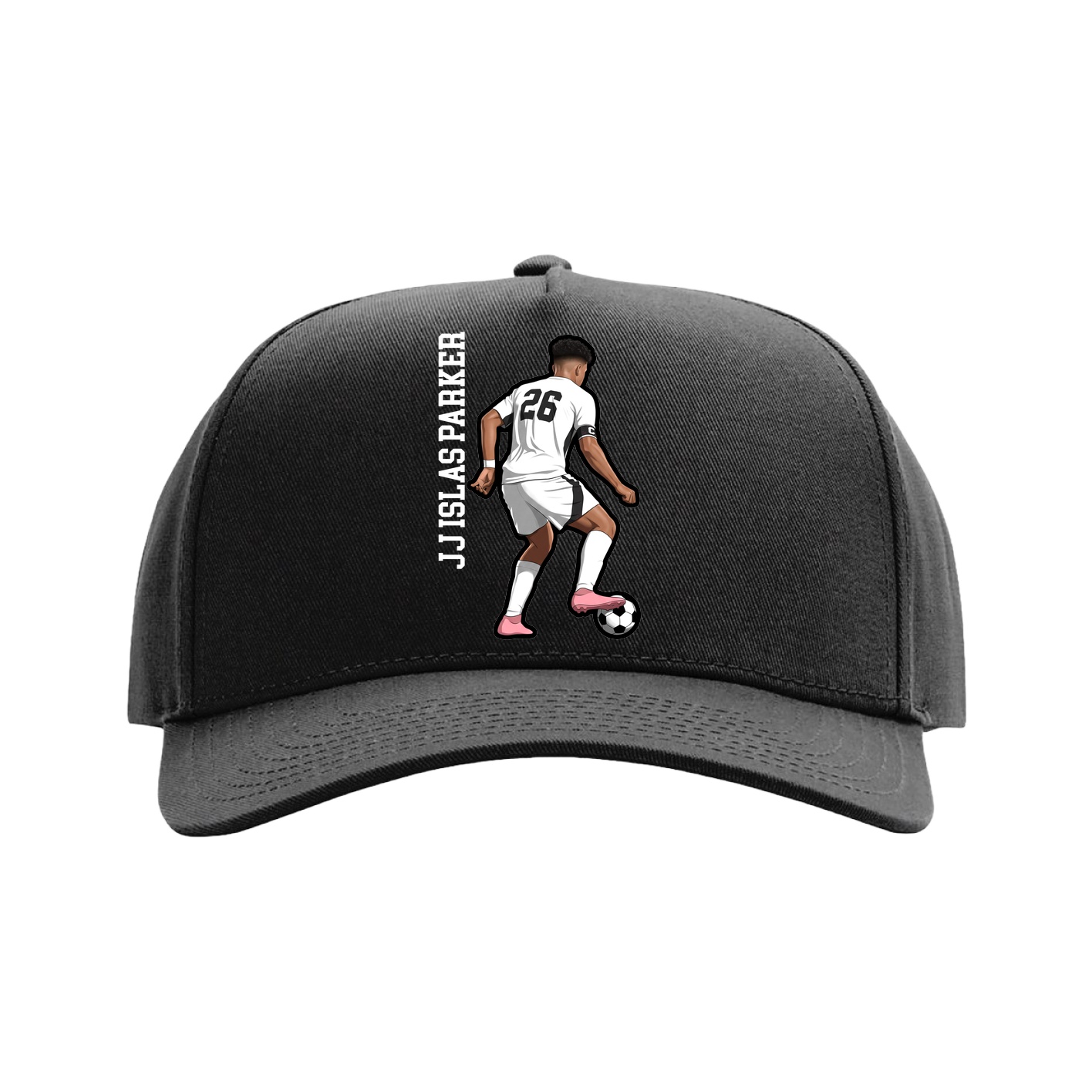 Full Fabric Five-Panel Champ Cap — Name Vertical in Black