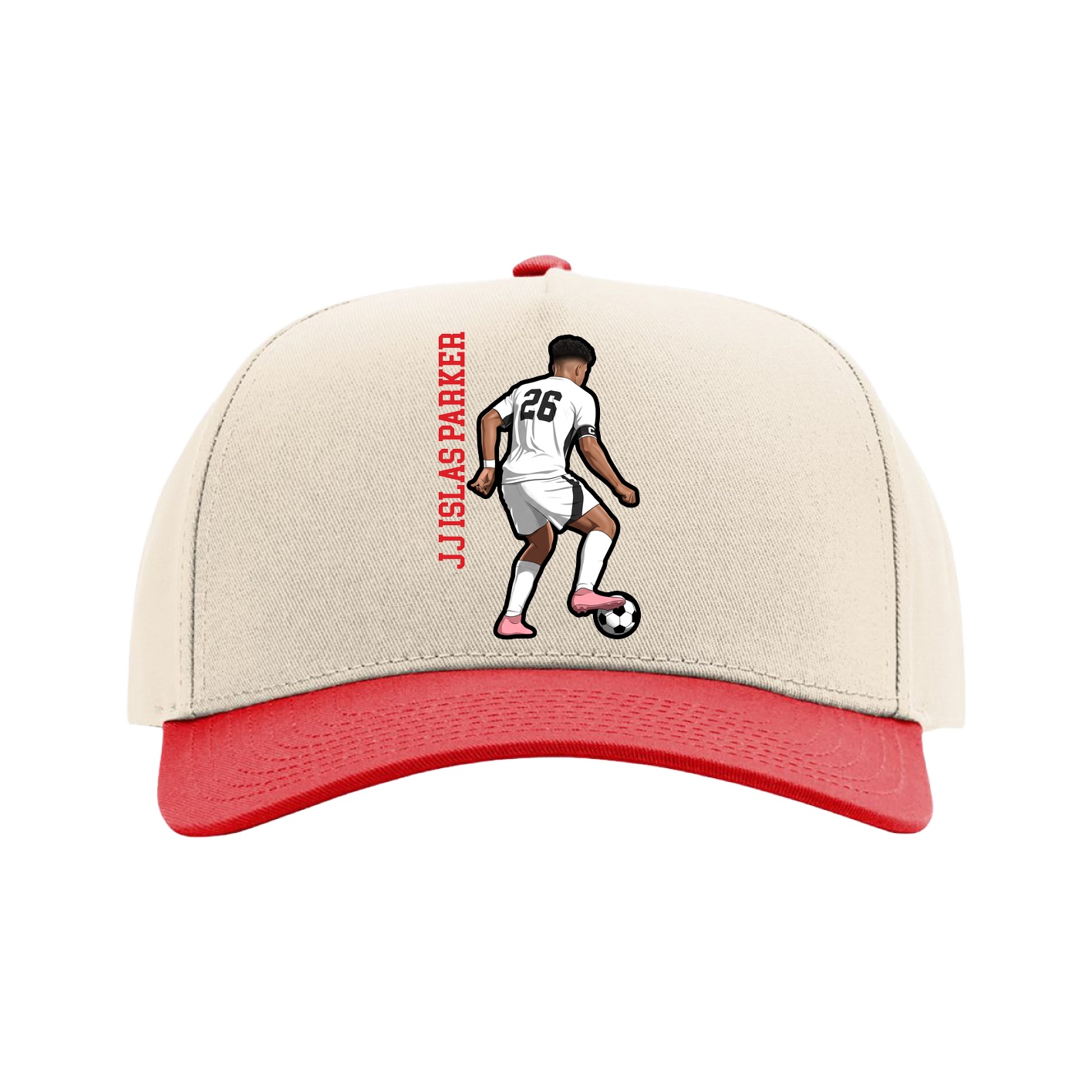 Full Fabric Five-Panel Champ Cap — Name Vertical in Cream/Red